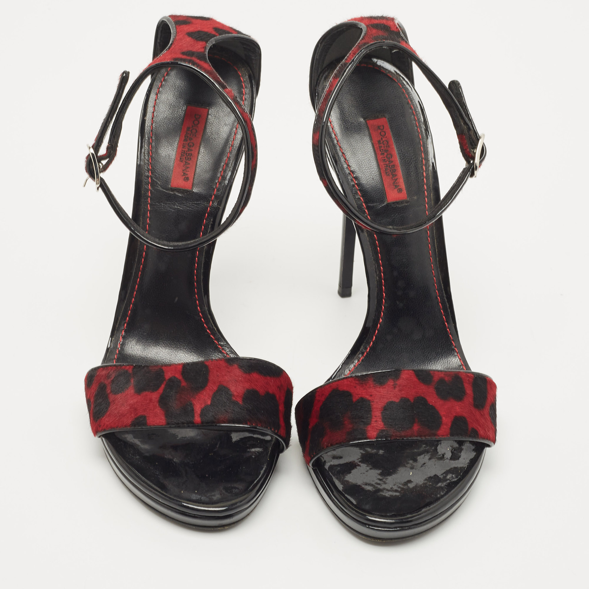 Dolce & Gabbana Black/Red Leopard Print Calf Hair Ankle Strap Sandals Size 40