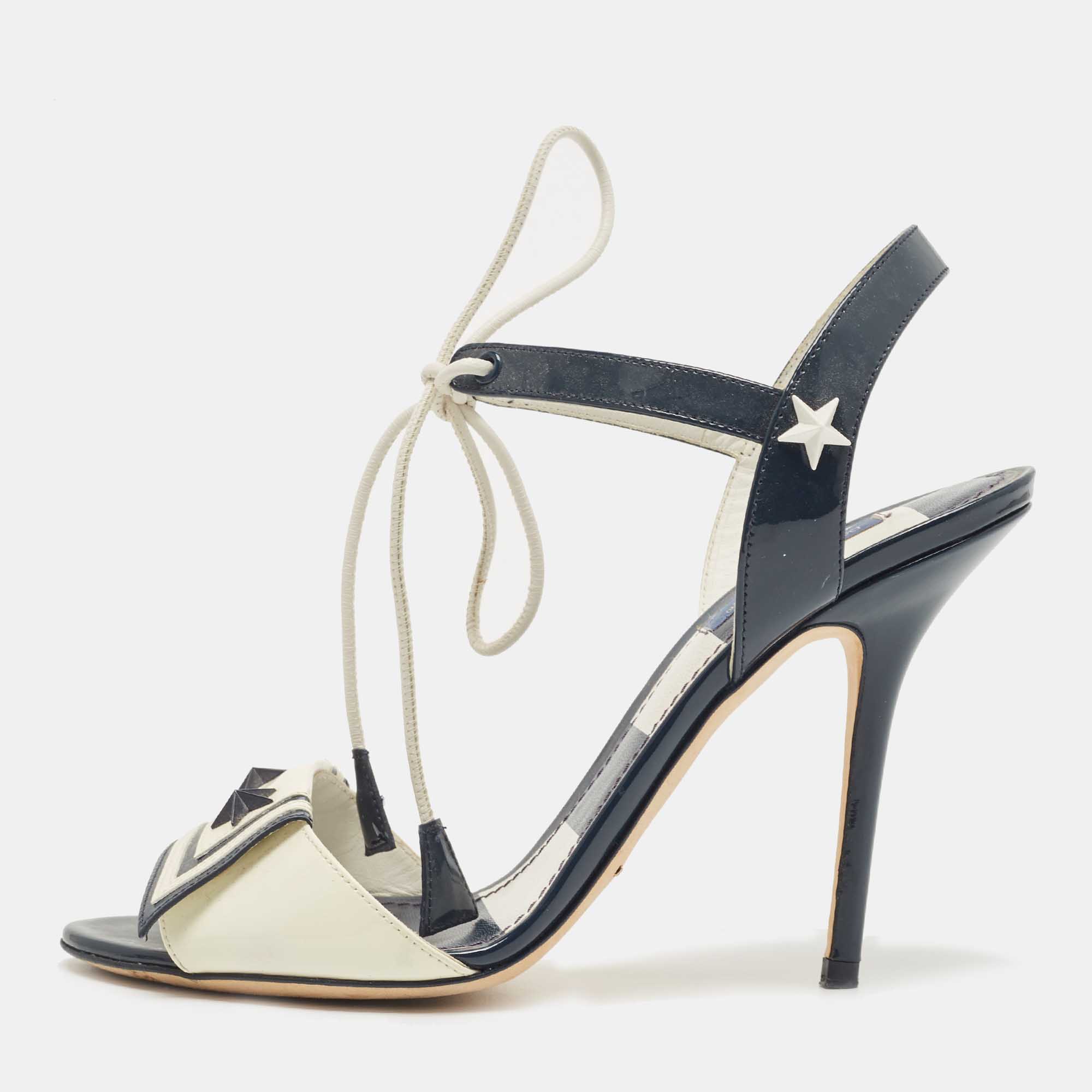 Dolce & Gabbana Navy Blue/Off White Patent Leather Ankle Tie Sandals Size 38
