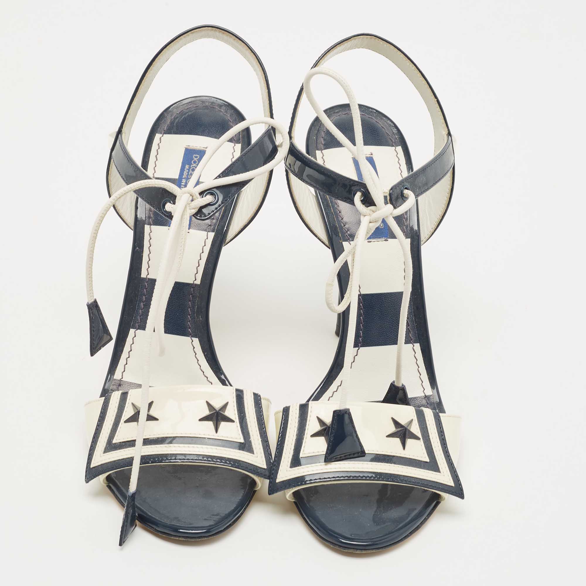 Dolce & Gabbana Navy Blue/Off White Patent Leather Ankle Tie Sandals Size 38