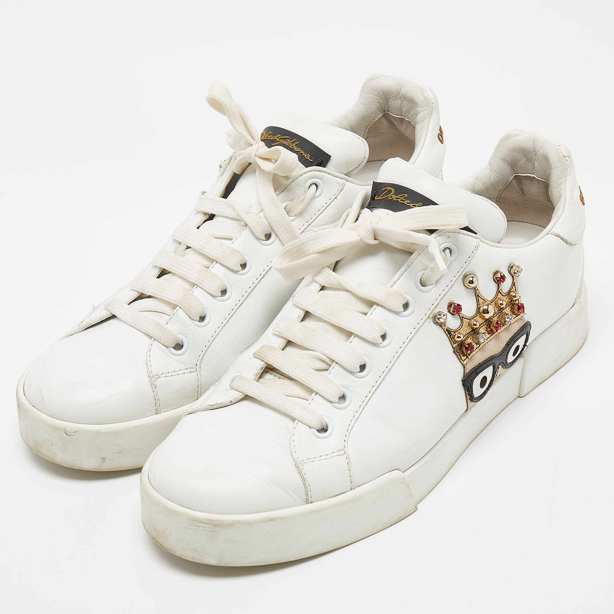 

Dolce & Gabbana White Leather Studded Crown Portofino Sneakers Size