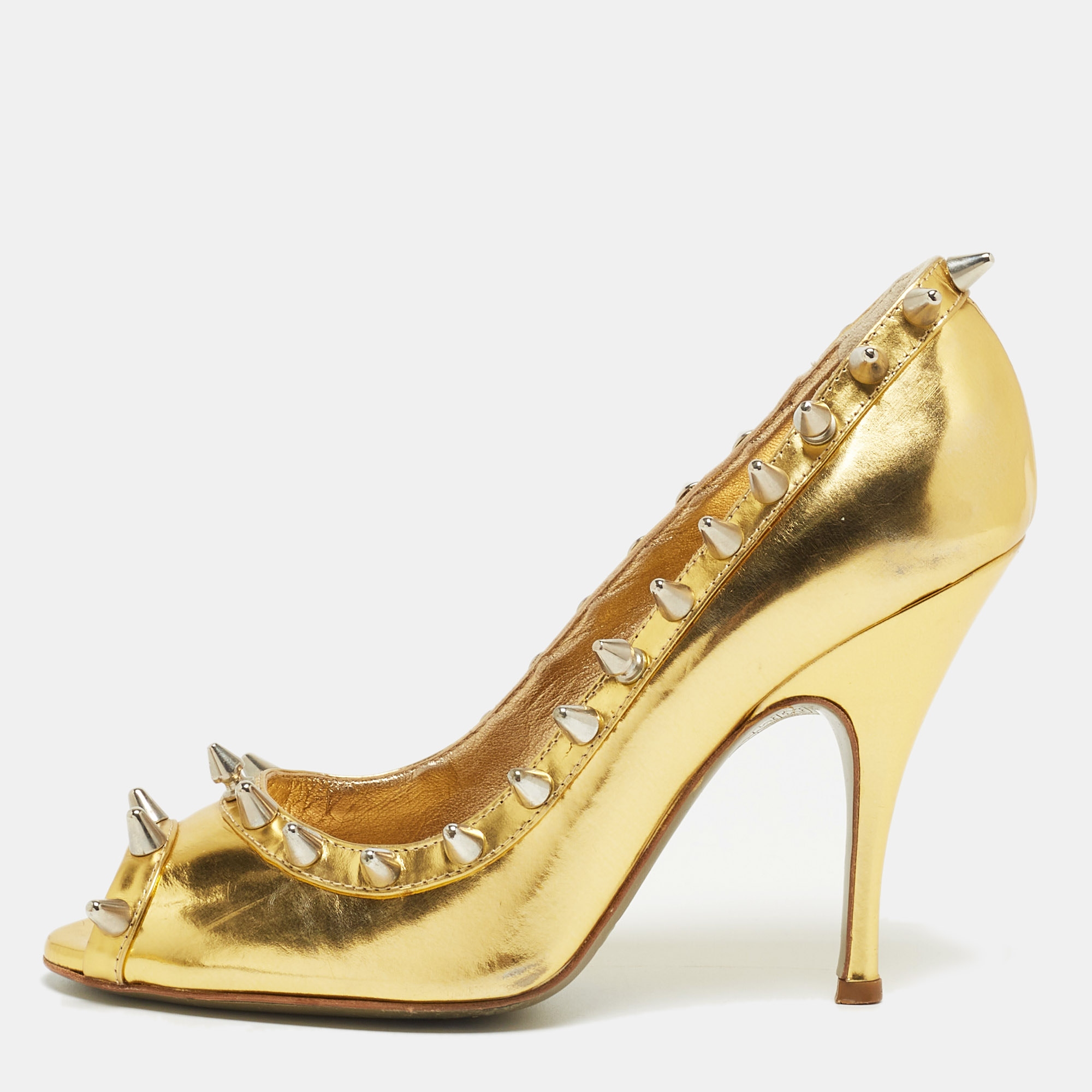 Dolce & Gabbana Gold Leather Studded Open Toe Pumps Size 38