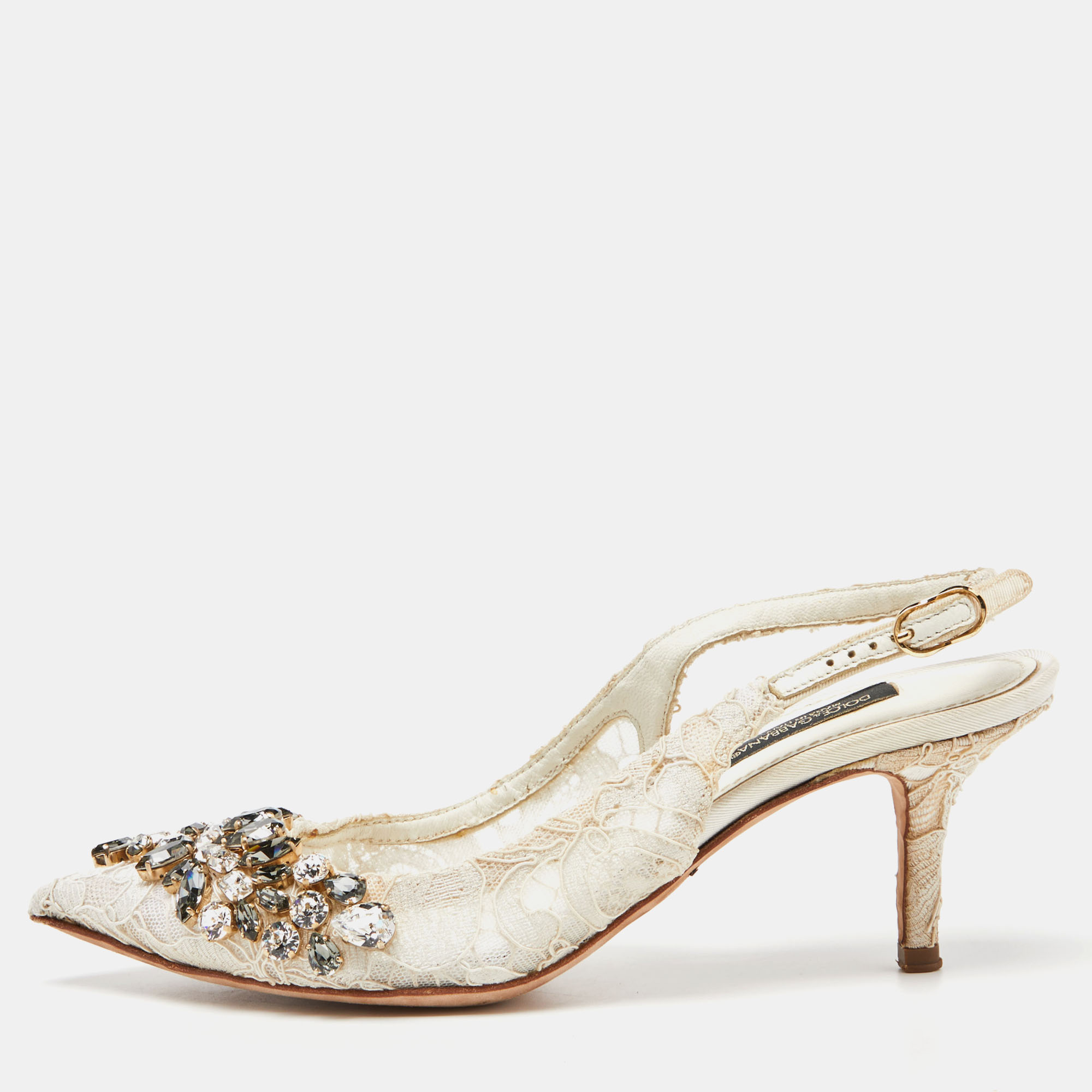 Dolce & gabbana white lace crystal embellished slingback sandals size 36