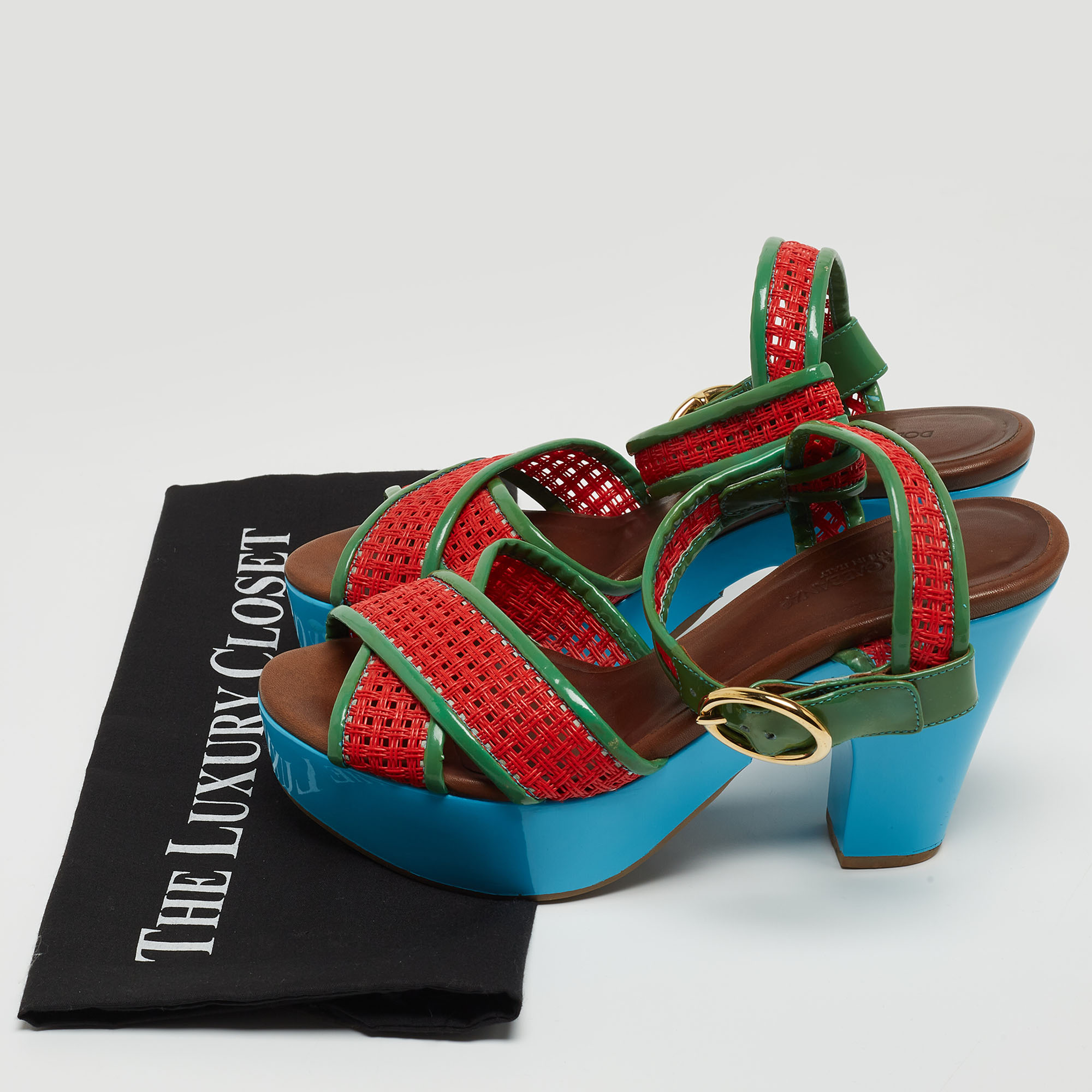 Dolce & Gabbana Green/Red Patent Leather Cross Strap Platform Ankle Strap Sandals Size 38