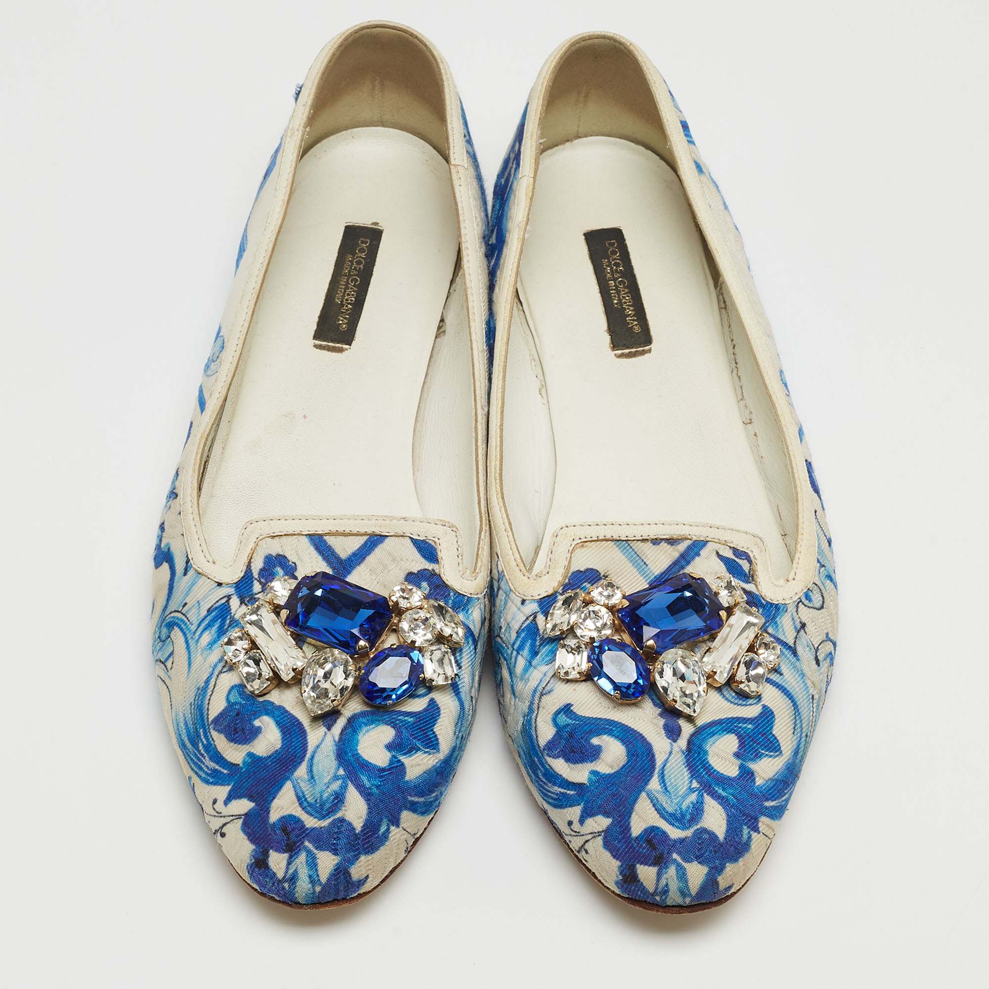 Dolce & Gabbana White/Blue Printed Fabric Crystal Embellished Ballet Flats Size 39