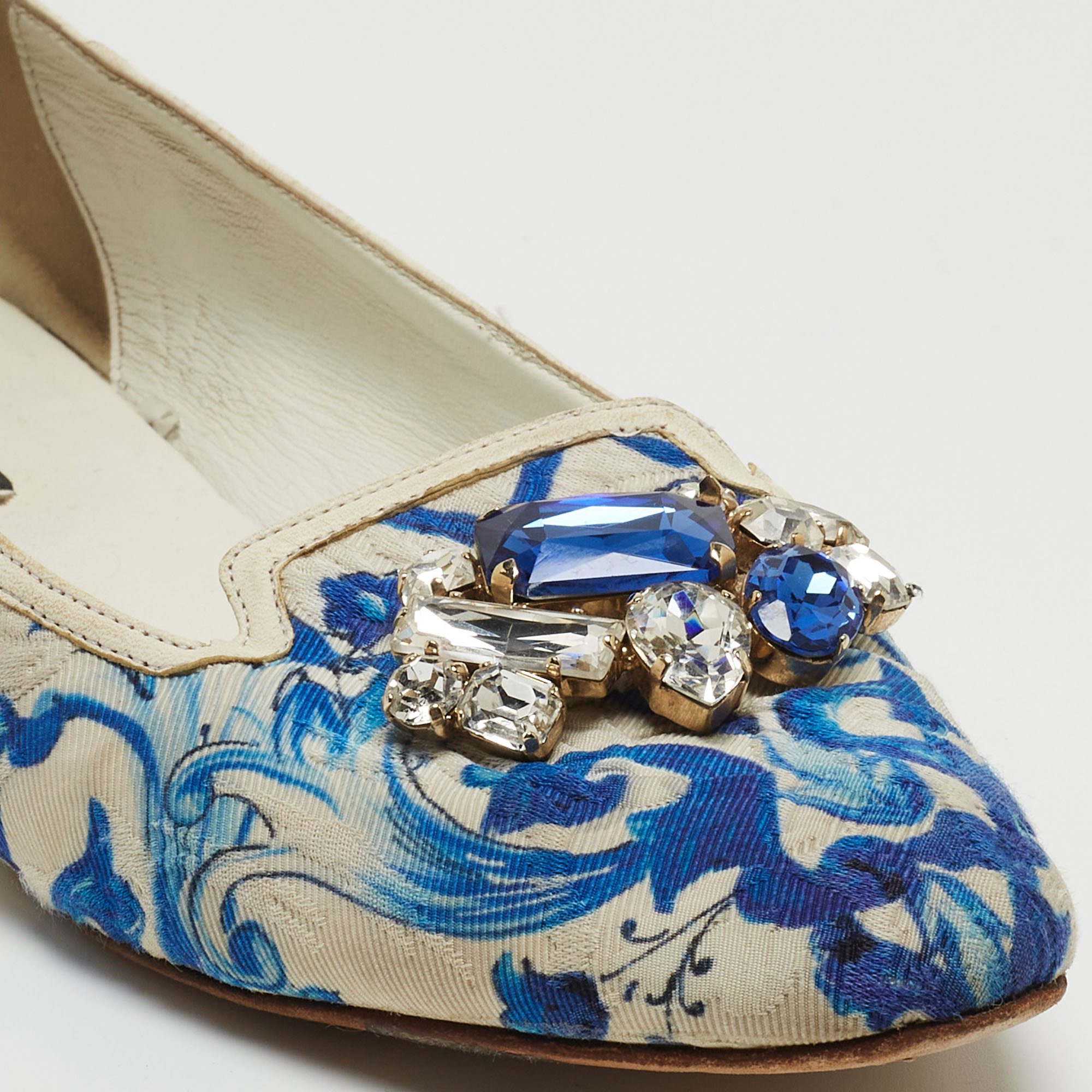 Dolce & Gabbana White/Blue Printed Fabric Crystal Embellished Ballet Flats Size 39