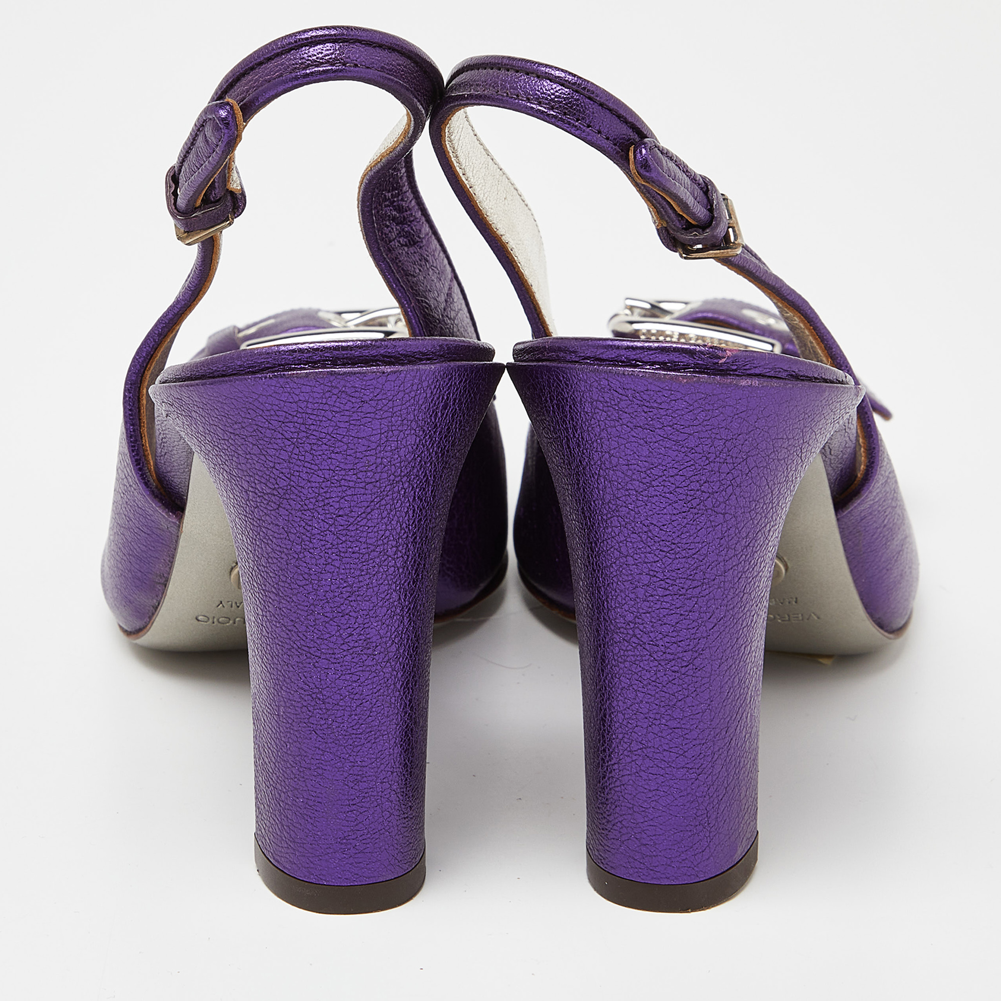 Dolce & Gabbana Metallic Purple Leather Buckle Detail Peep Toe Slingback Pumps Size 37