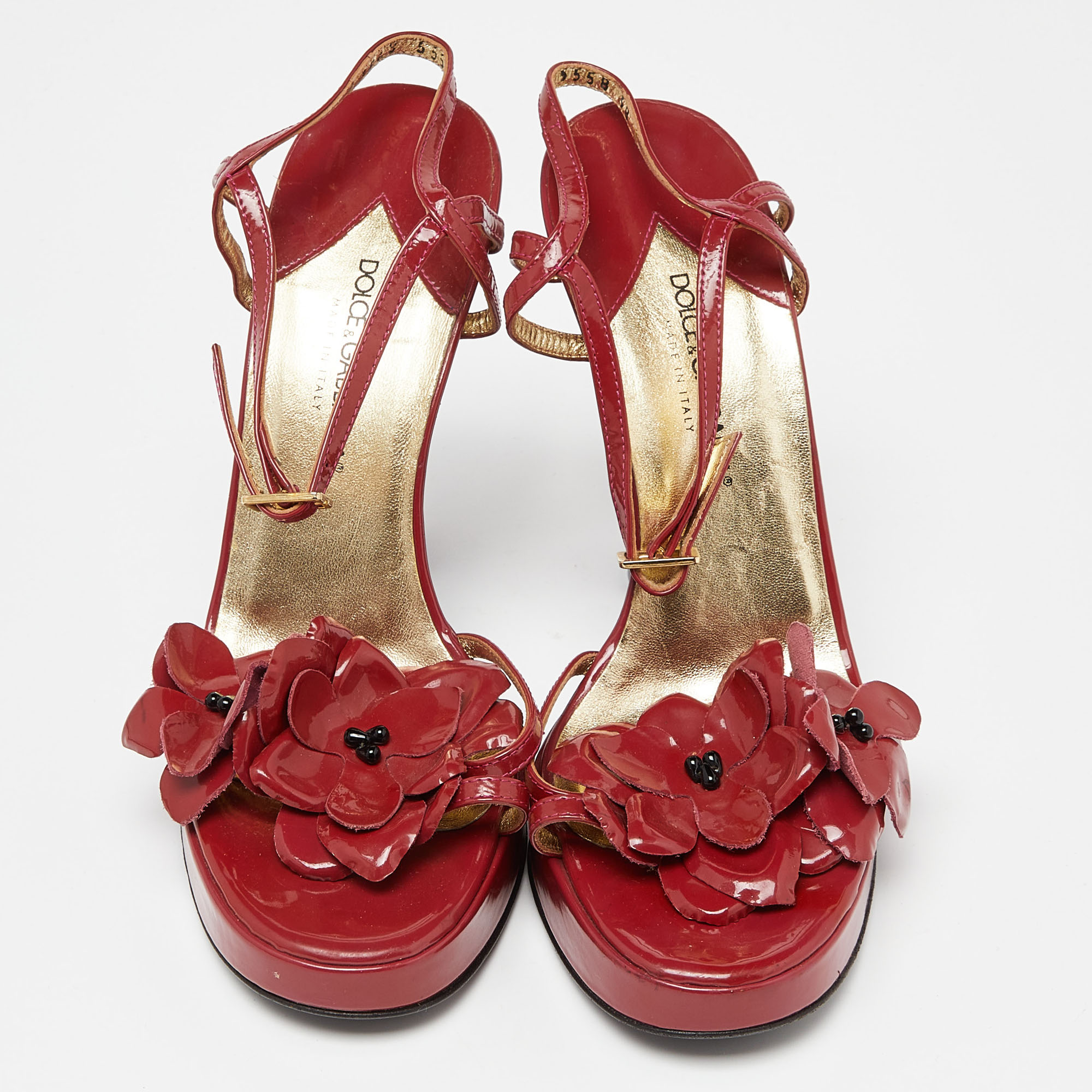 Dolce & Gabbana Red Patent Leather Flower Strappy Sandals Size 38