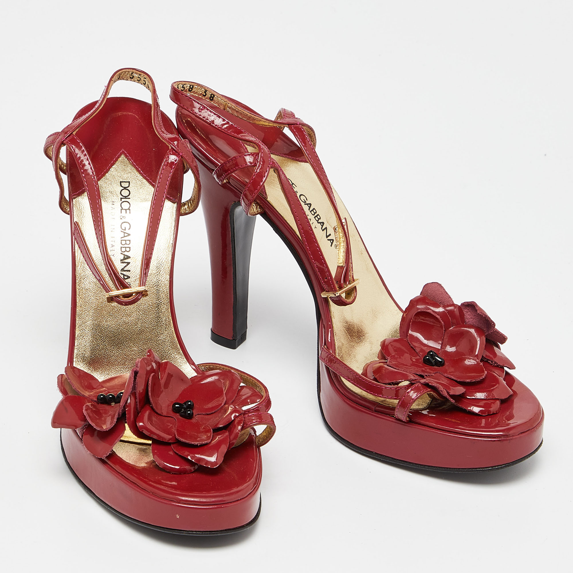 Dolce & Gabbana Red Patent Leather Flower Strappy Sandals Size 38