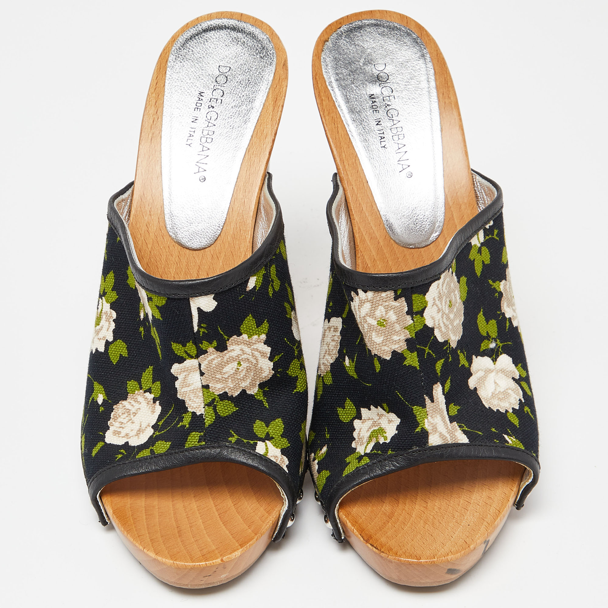 Dolce & Gabbana Mukticolor Floral Canvas And Leather Block Heel Mules Size 38