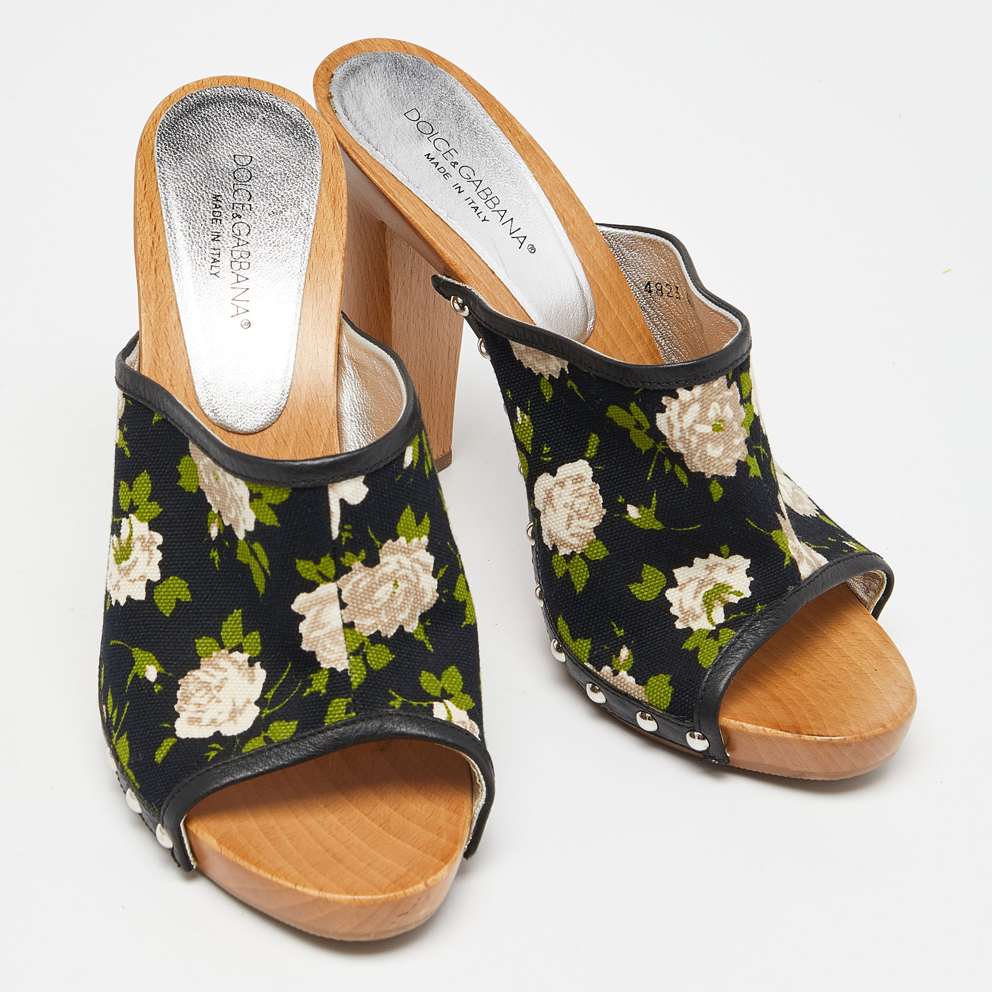 Dolce & Gabbana Mukticolor Floral Canvas And Leather Block Heel Mules Size 38