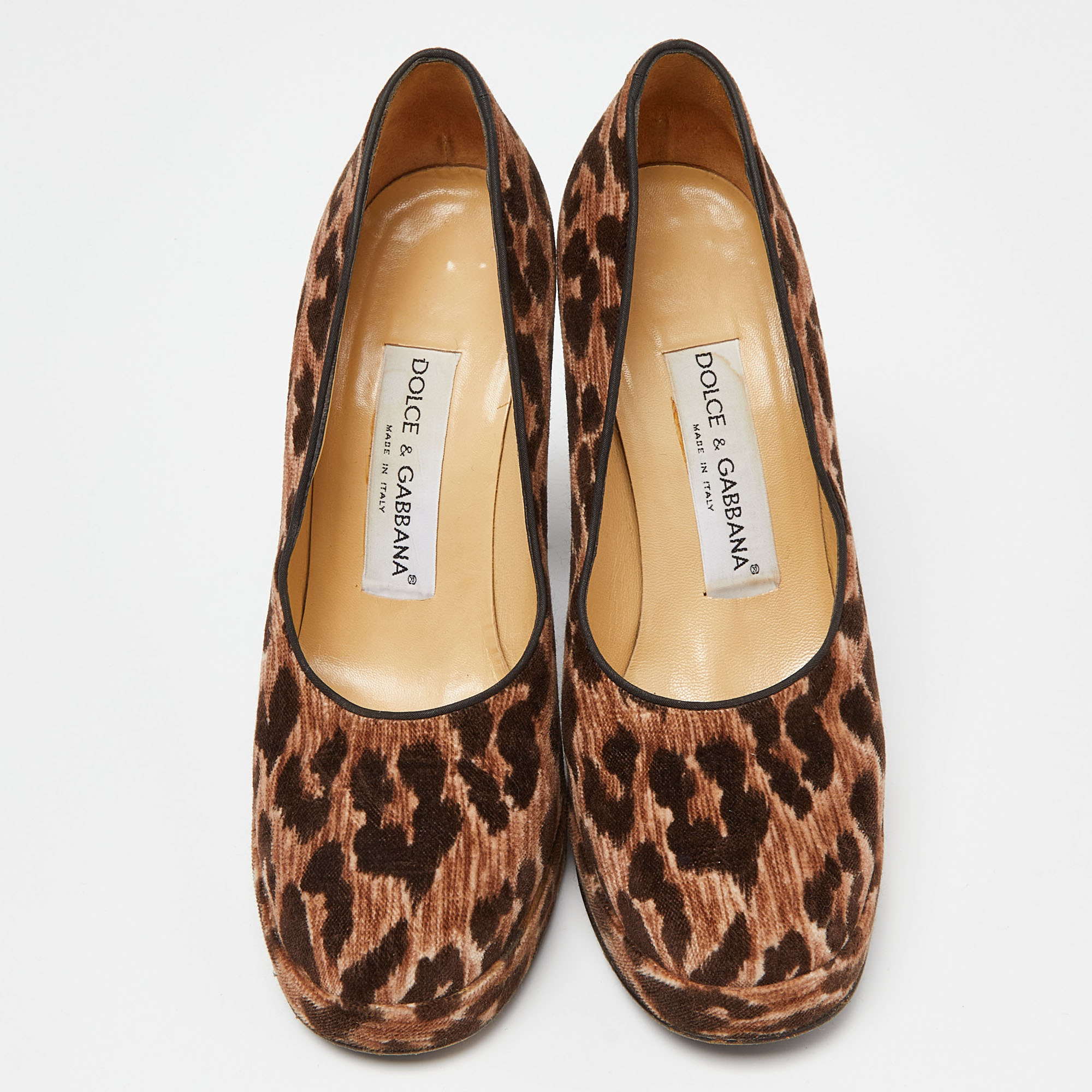 Dolce And Gabbana Brown Leopard Print Velvet Block Heel Pumps Size 37