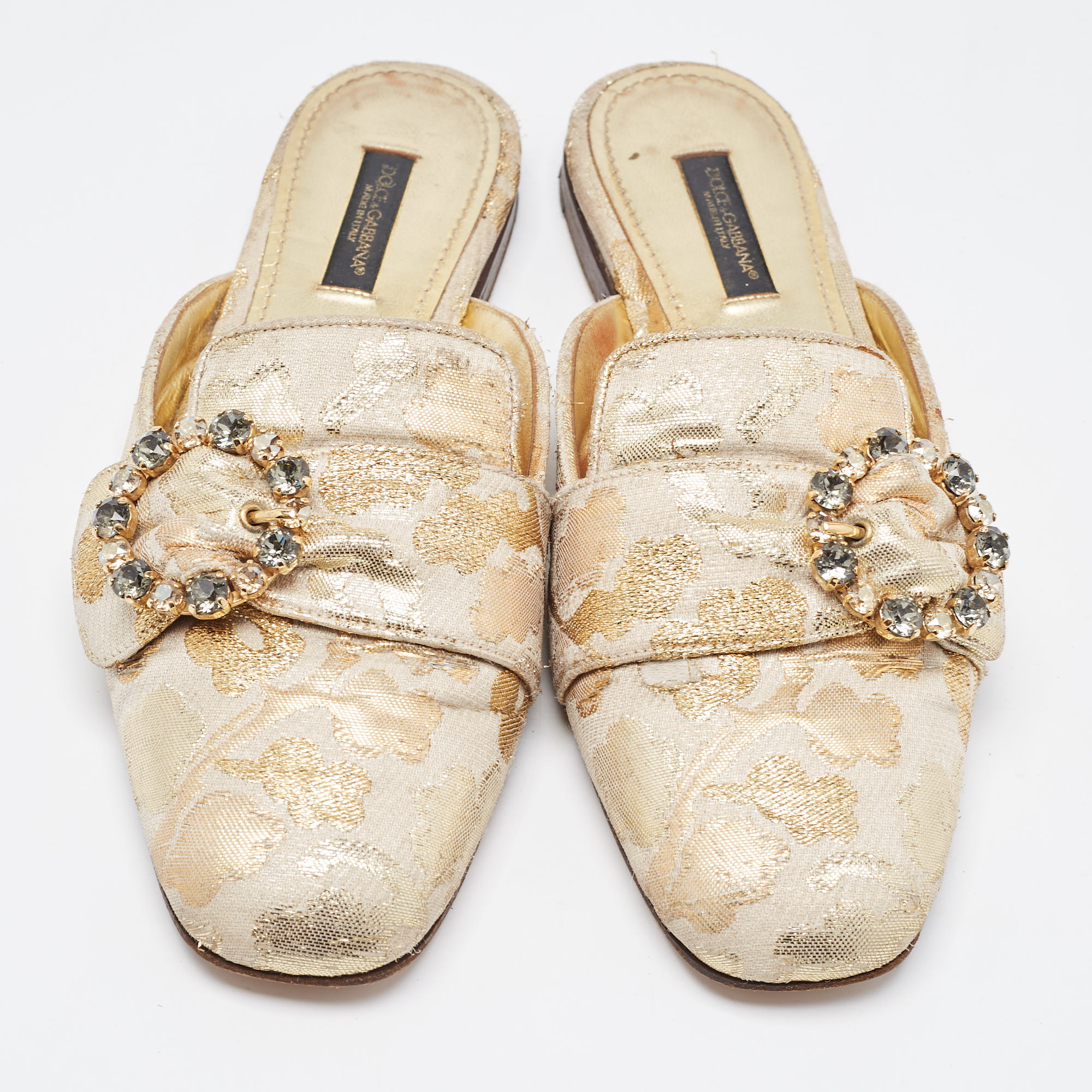 Dolce & Gabbana Gold Brocade Fabric Logo Slide Mules Size 36.5