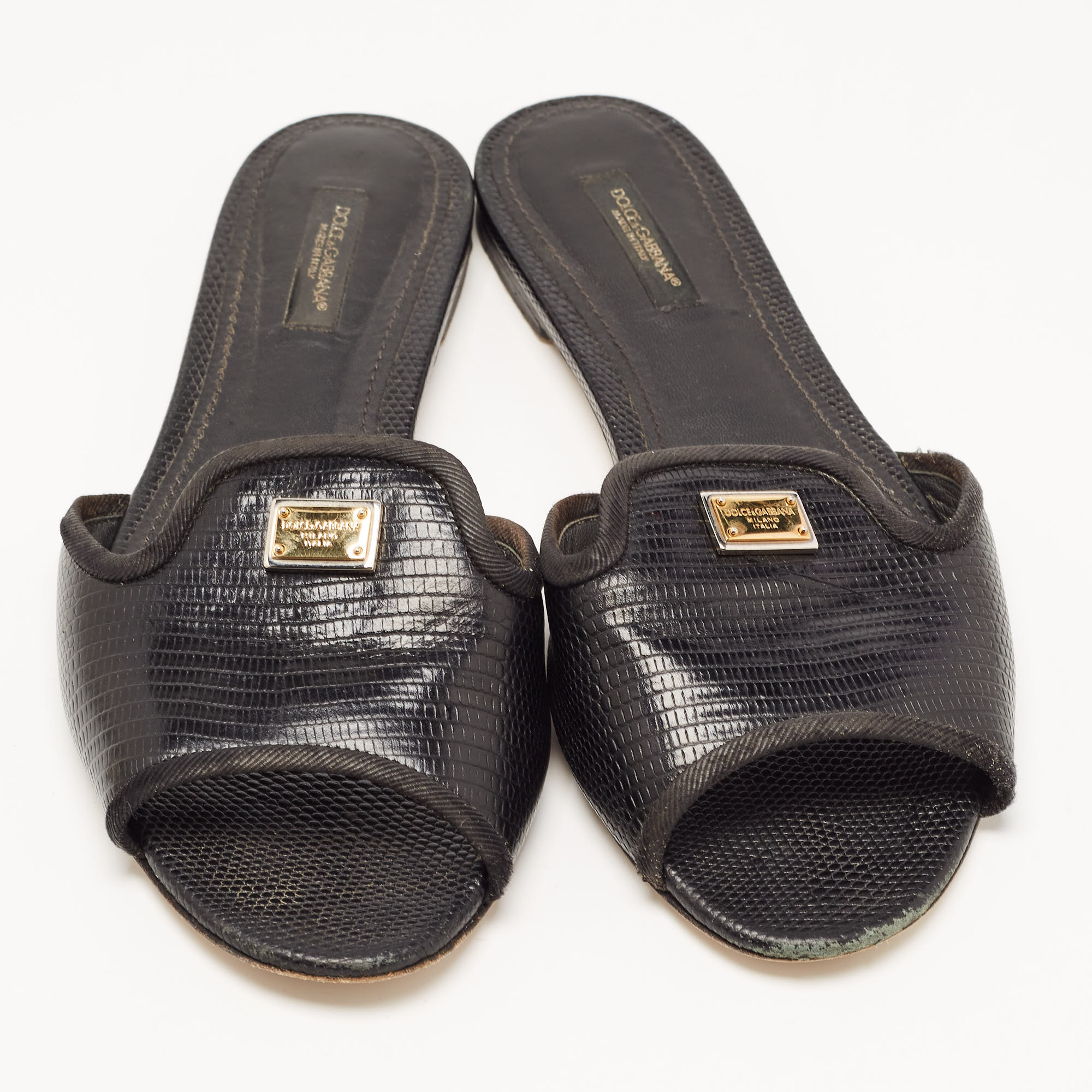 Dolce & Gabbana Black Lizard Embossed Leather Sofia Slides Size 38