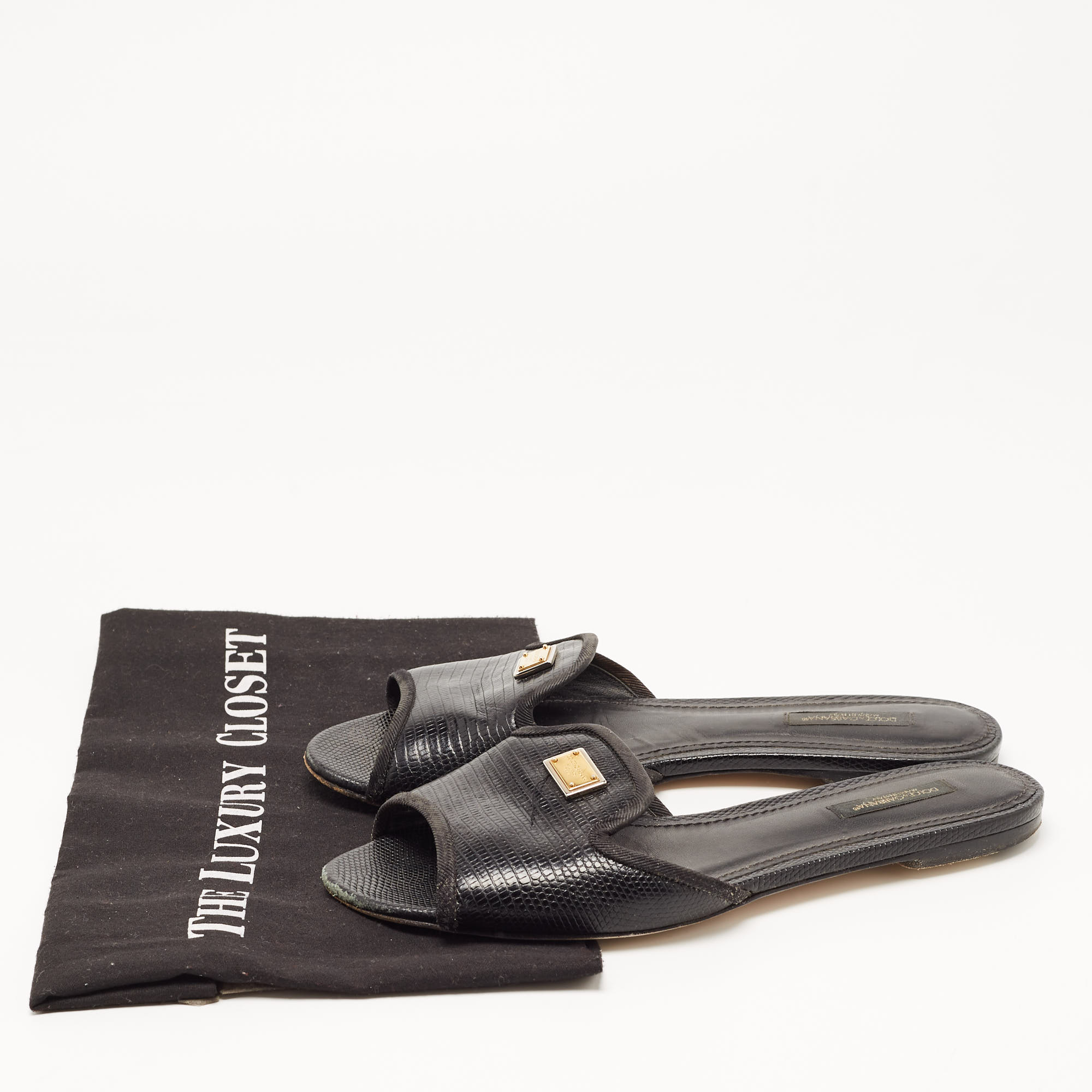 Dolce & Gabbana Black Lizard Embossed Leather Sofia Slides Size 38