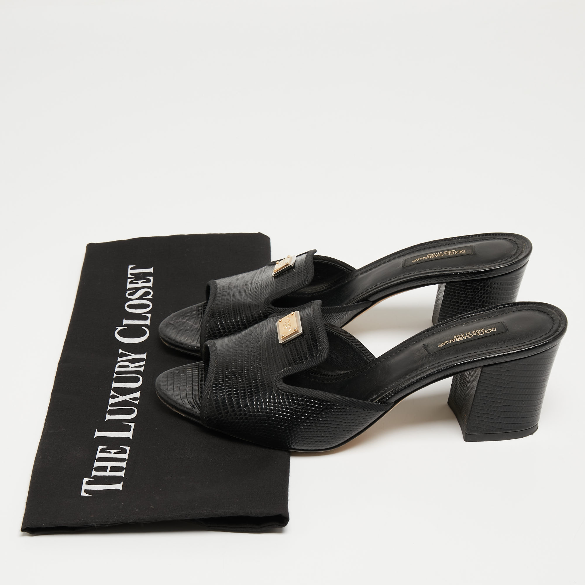 Dolce & Gabbana Black Lizard Embossed Leather Block Heel Mules Size 37.5