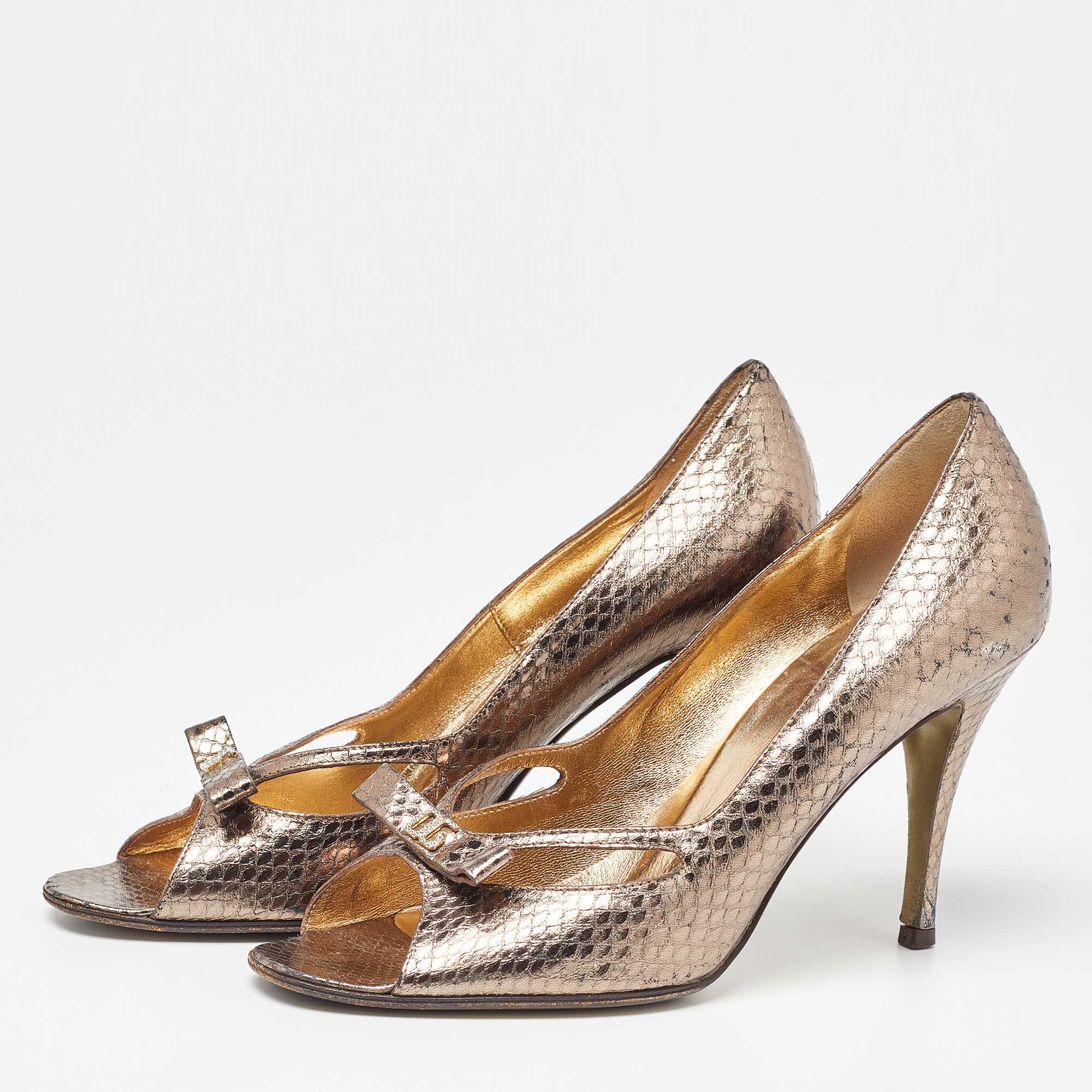 Dolce & Gabbana Metallic Embossed Snakeskin Open Toe Pumps Size 37.5