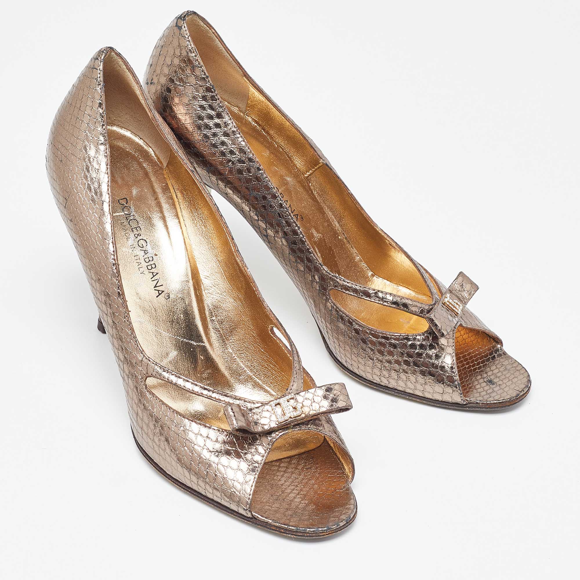 Dolce & Gabbana Metallic Embossed Snakeskin Open Toe Pumps Size 37.5