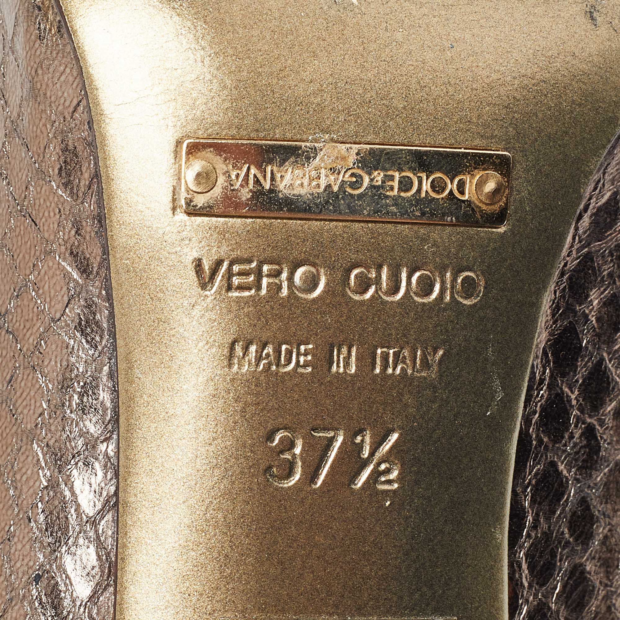 Dolce & Gabbana Metallic Embossed Snakeskin Open Toe Pumps Size 37.5