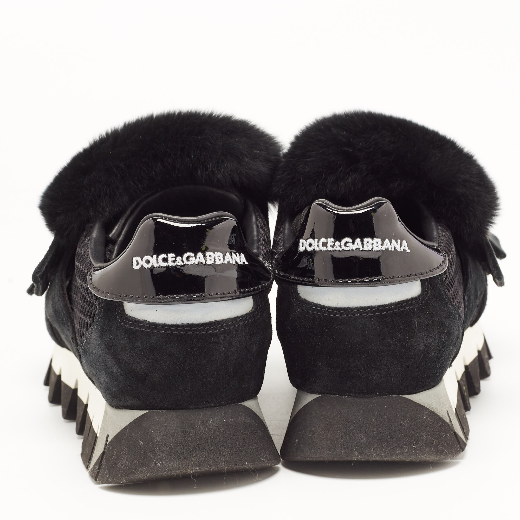 Dolce & Gabbana Black Mesh And Fur Low Top Sneakers Size 39