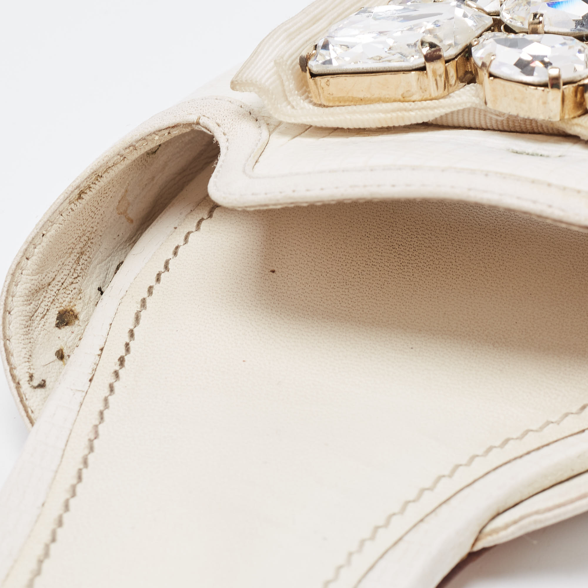 Dolce & Gabbana White Lizard Embossed Leather Crystal Embellished Bow Flat Slides Size 40.5