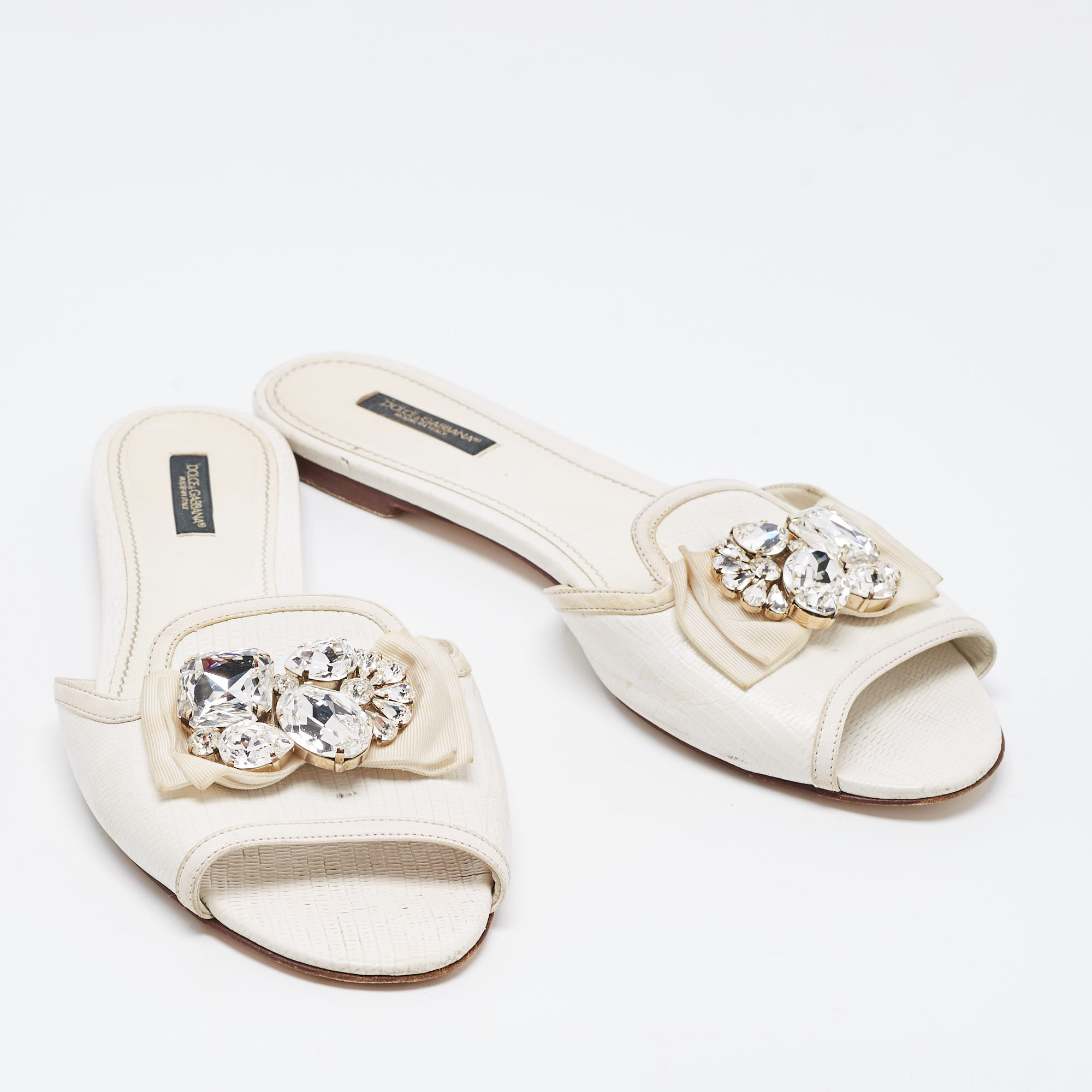 Dolce & Gabbana White Lizard Embossed Leather Crystal Embellished Bow Flat Slides Size 40.5