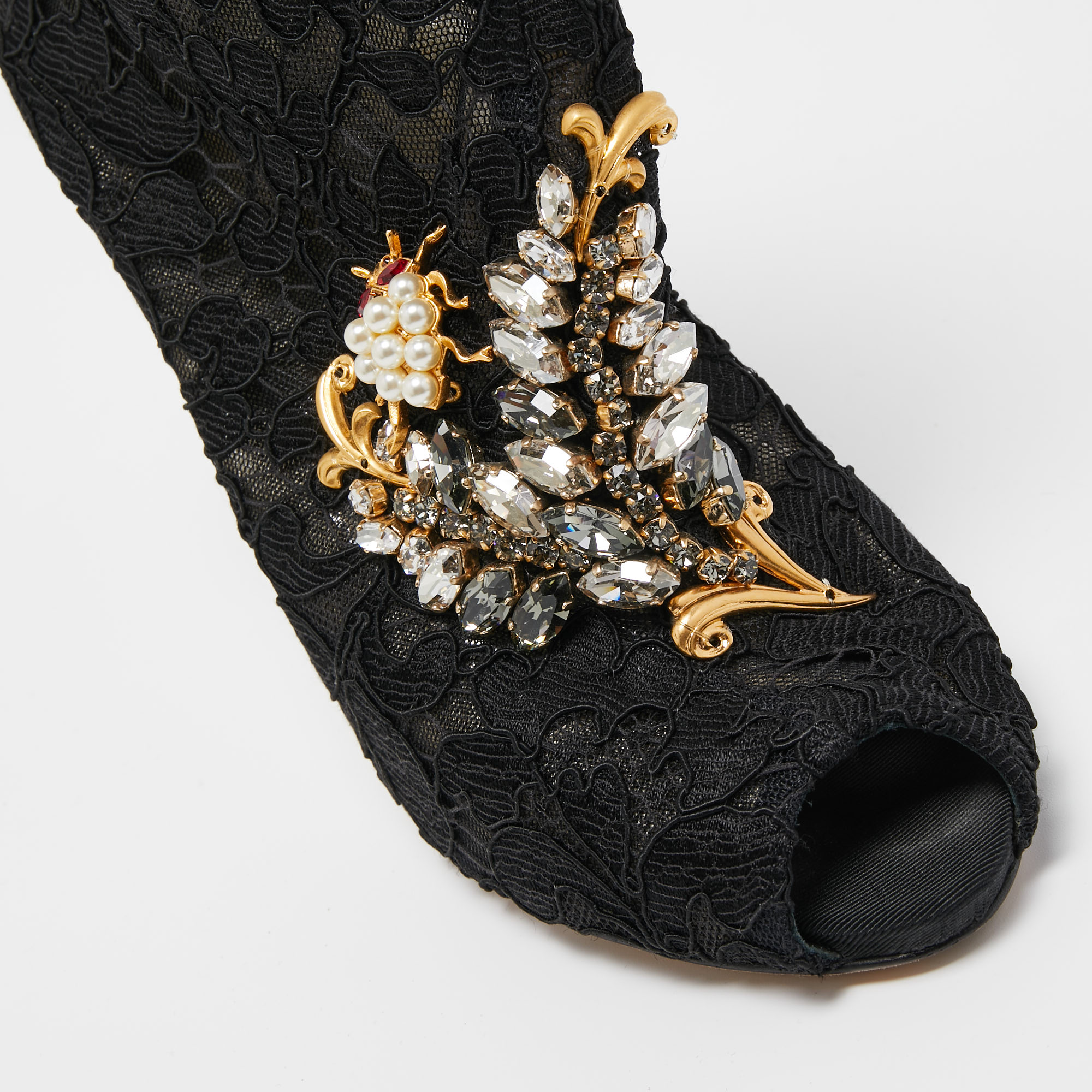 Dolce & Gabbana Black Lace Crystal Embellished Peep Toe Booties Size 37.5