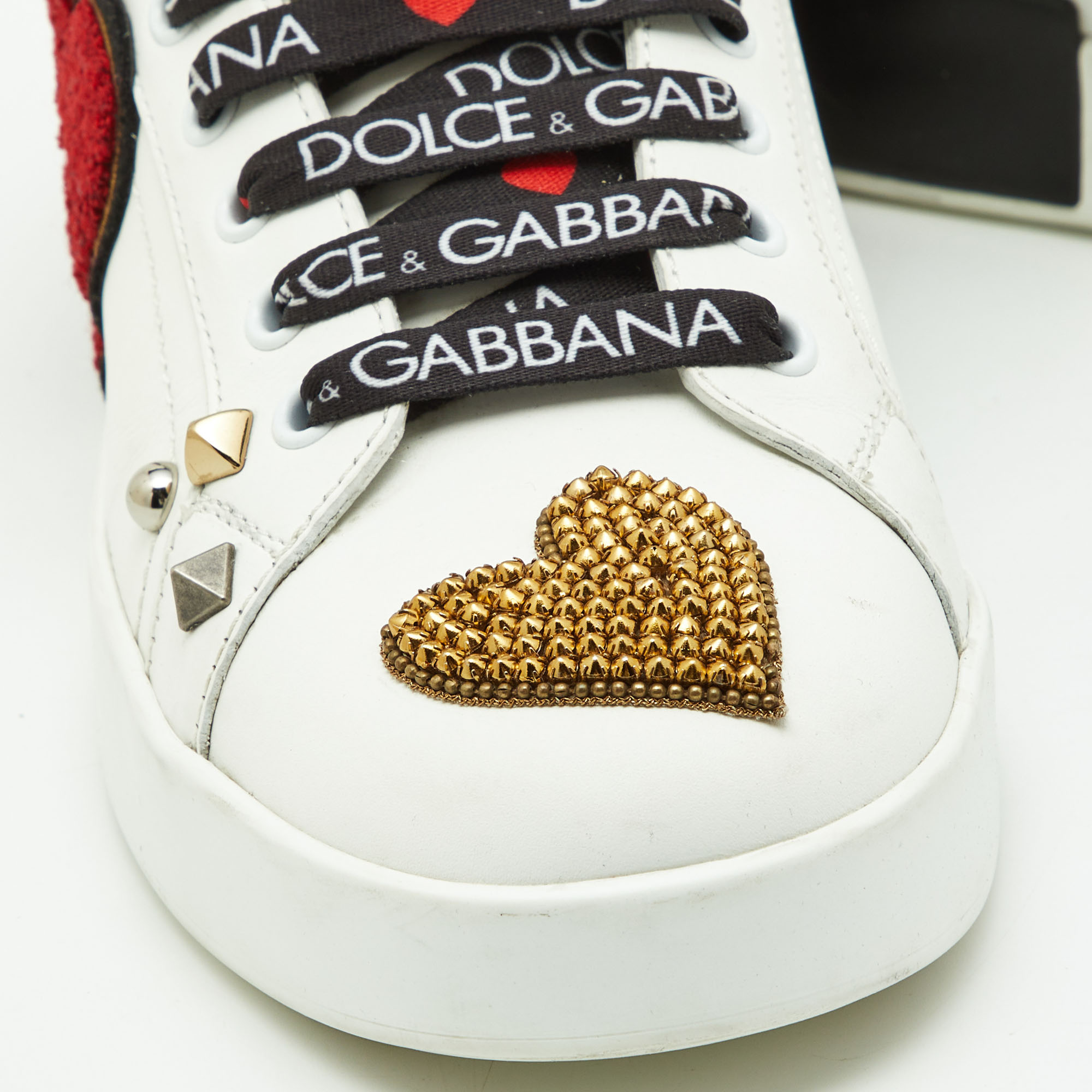 Dolce & Gabbana White Leather Portofino Heart Low Top Sneakers Size 39.5