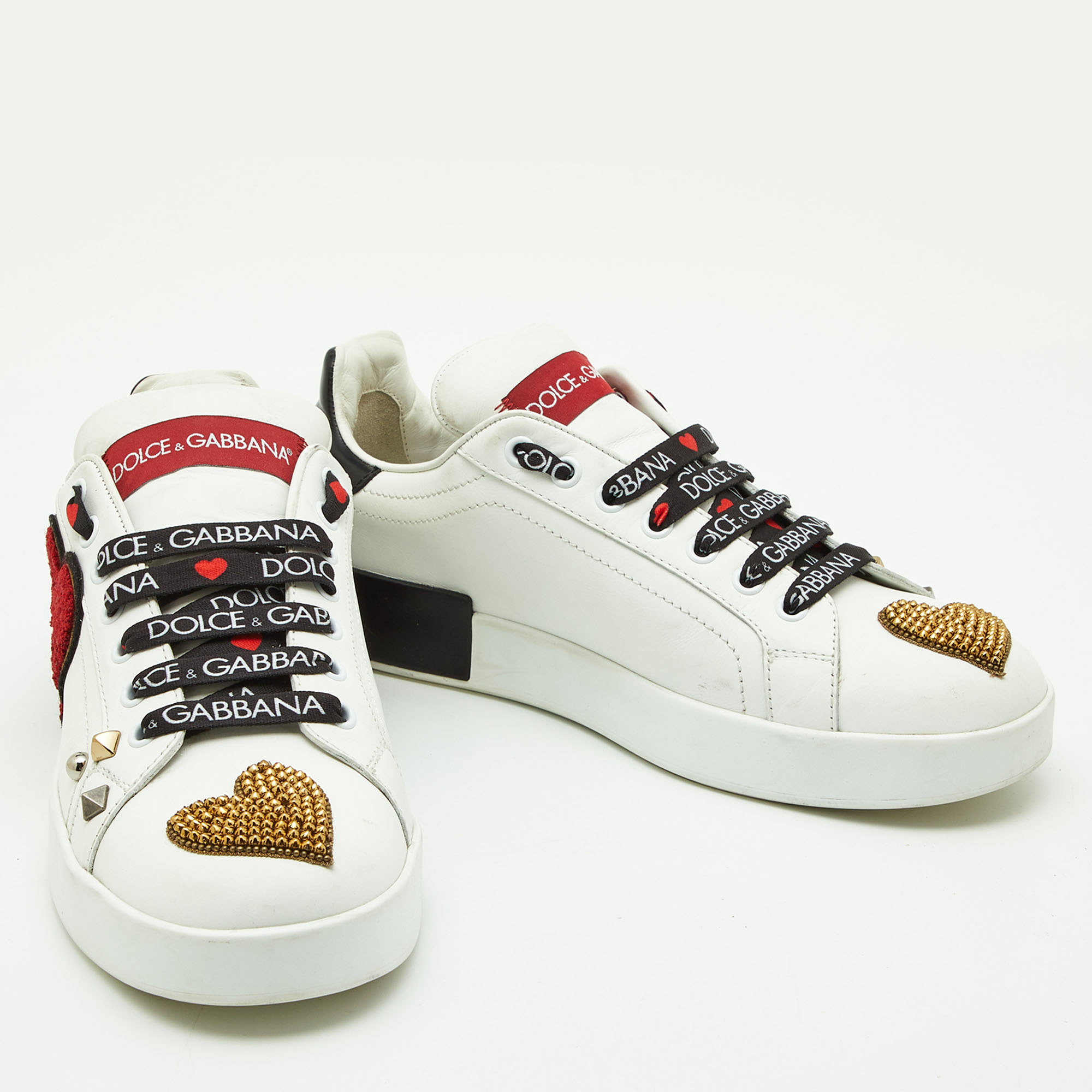 Dolce & Gabbana White Leather Portofino Heart Low Top Sneakers Size 39.5