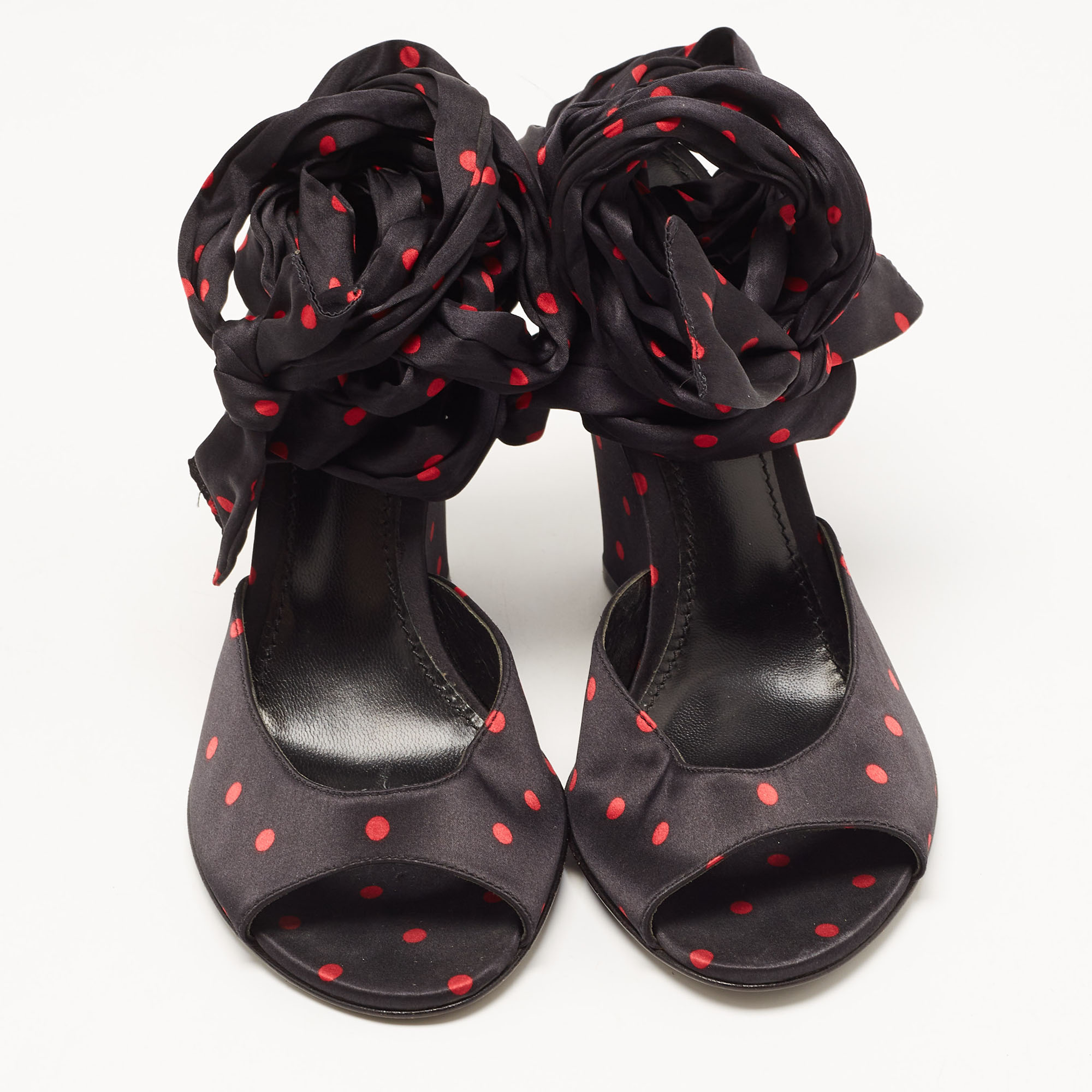 Dolce & Gabbana Black Satin Ankle Wrap Wedge Sandals Size 38.5