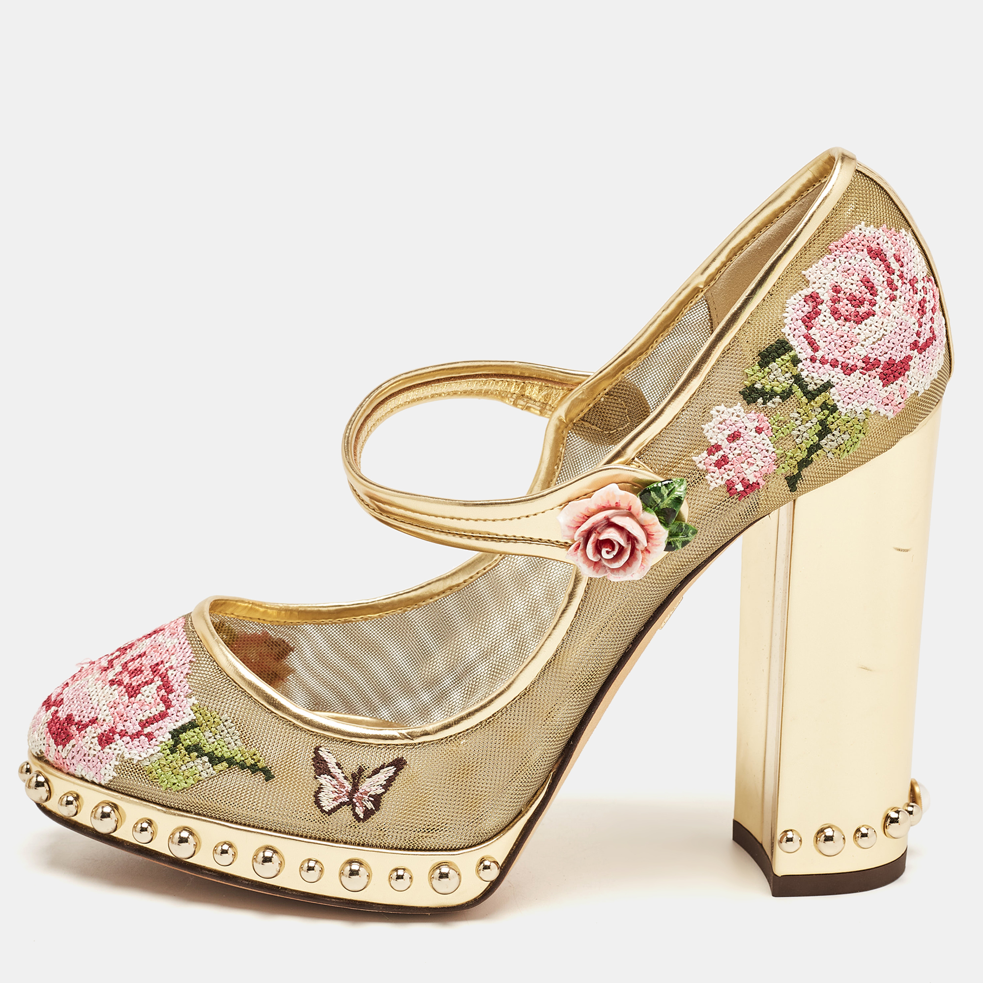 Dolce & Gabbana Gold Mesh And Leather Floral Print Studded Accents Mary Jane Block Heel Pumps Size 40
