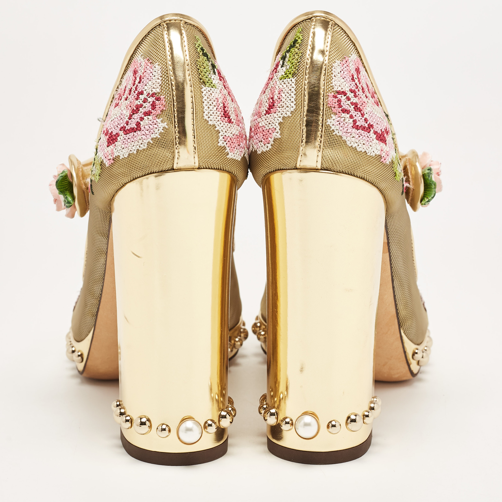 Dolce & Gabbana Gold Mesh And Leather Floral Print Studded Accents Mary Jane Block Heel Pumps Size 40