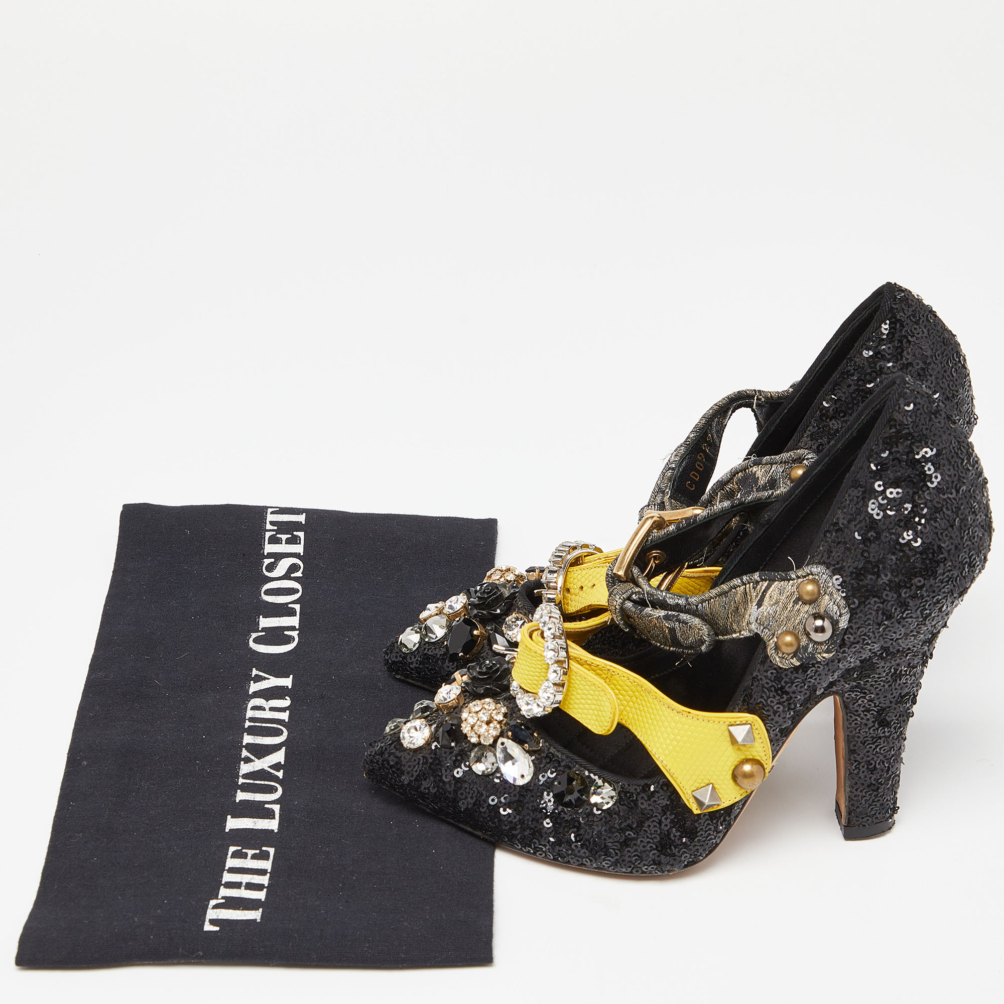Dolce & Gabbana Black Sequins Crystal Embellished Mary Jane Pumps Size 37