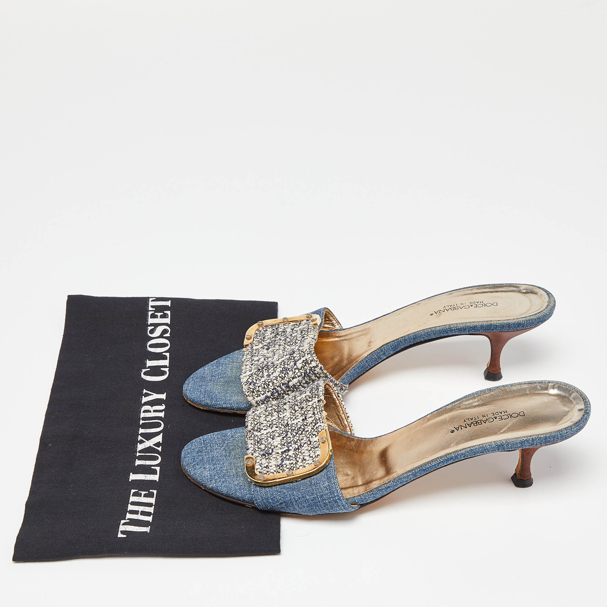 Dolce & Gabbana Blue/White Tweed And Denim Slide Sandals Size 38.5