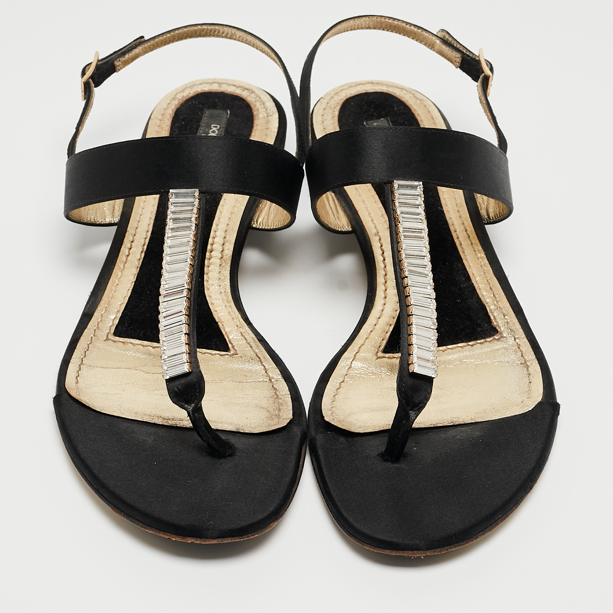 Dolce & Gabbana Black Satin Crystal Embellished Thong Flat Sandals Size 37.5