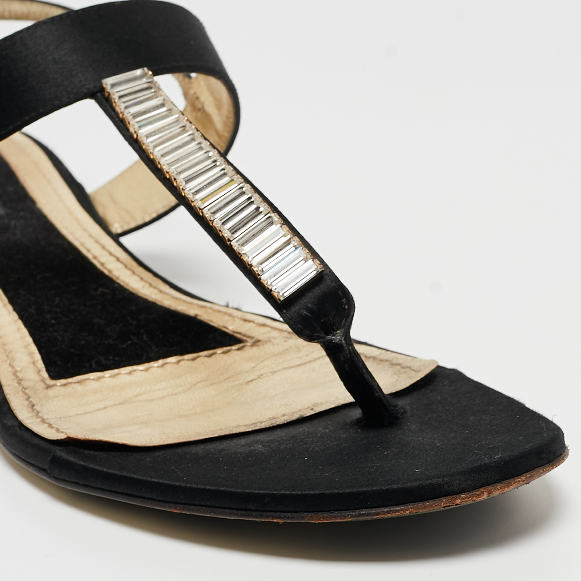Dolce & Gabbana Black Satin Crystal Embellished Thong Flat Sandals Size 37.5