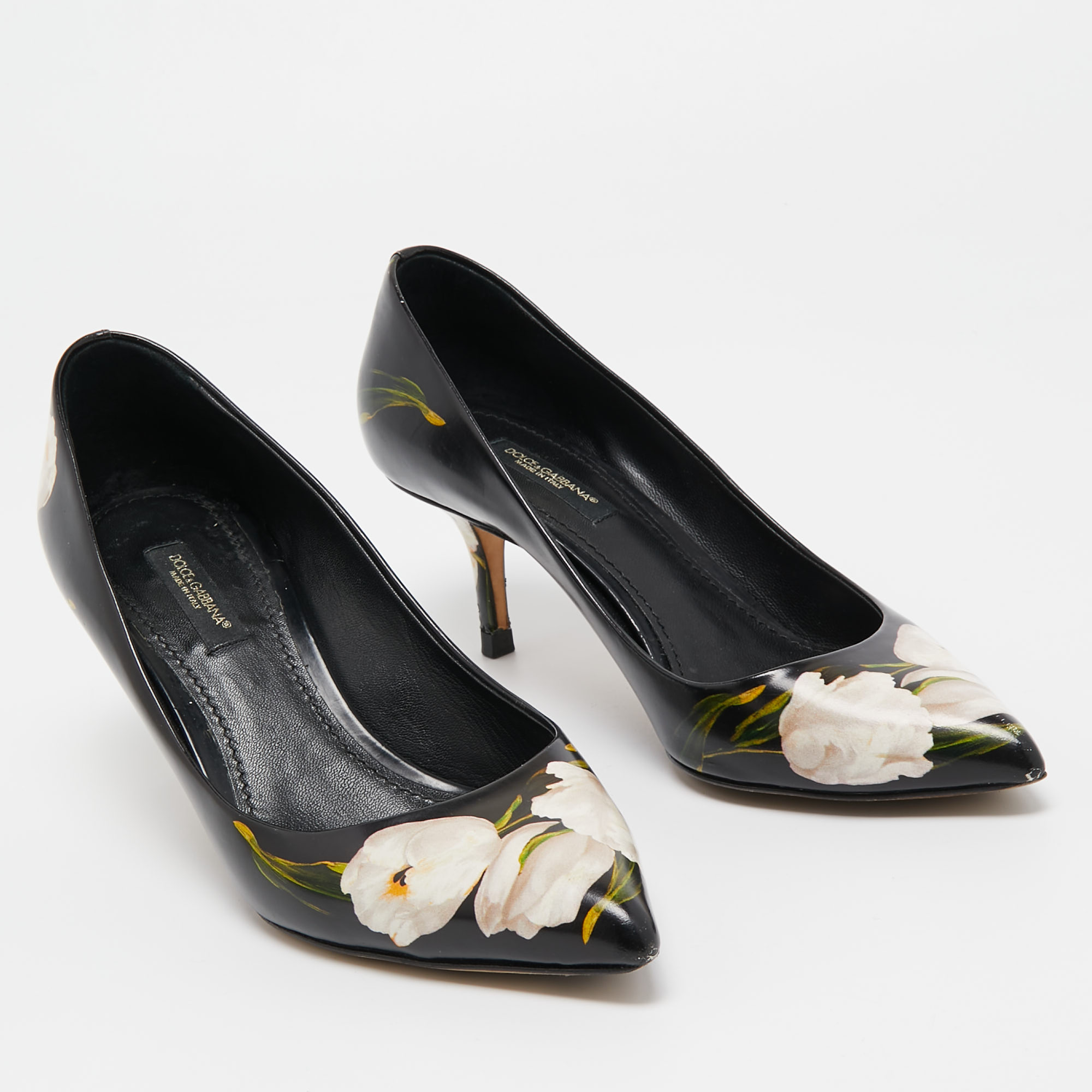 Dolce & Gabbana Black Floral Print Leather Pointed Toe Pumps Size 36
