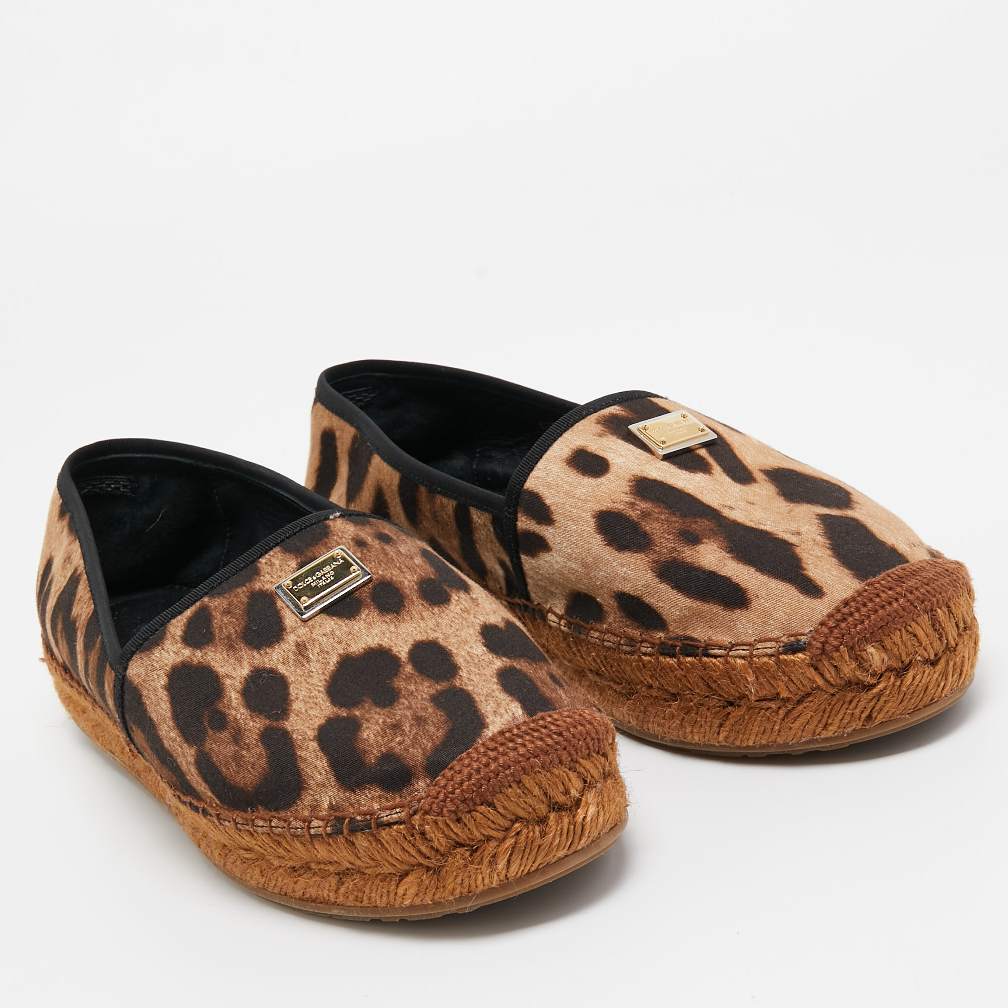 Dolce & Gabbana Brown Canvas Leopard Print Logo Espadrilles Size 39