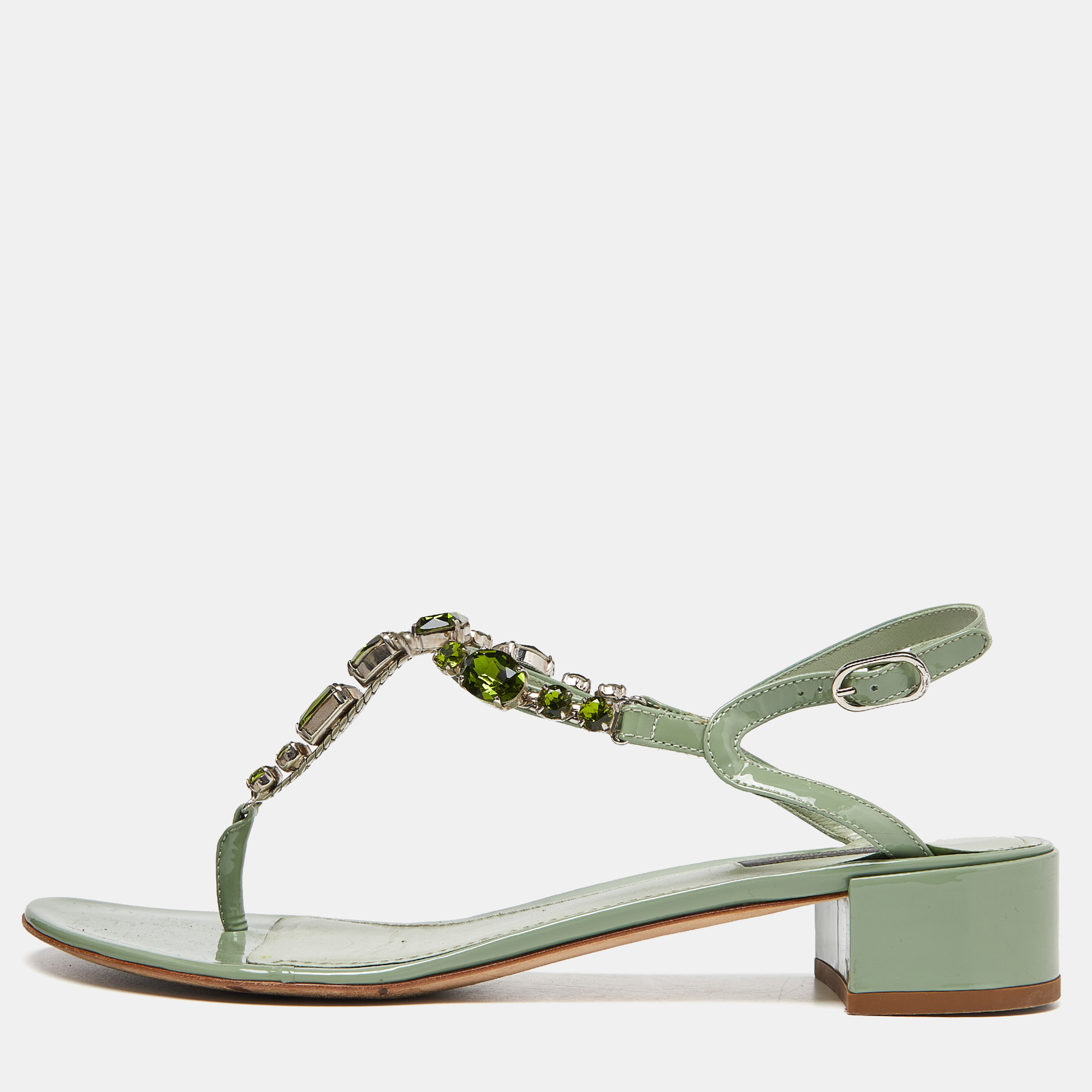 Dolce & Gabbana Green Patent Leather Crystal Embellished Thong Sandals Size 40