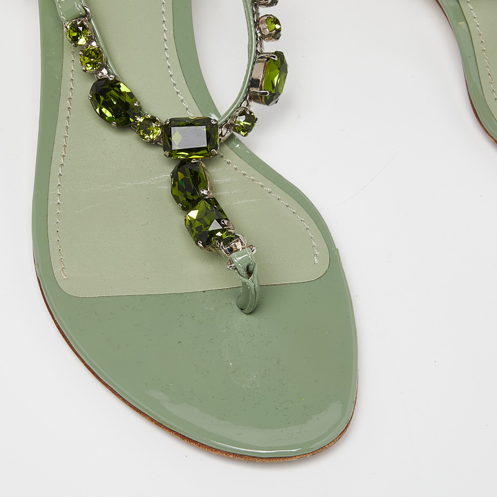 Dolce & Gabbana Green Patent Leather Crystal Embellished Thong Sandals Size 40