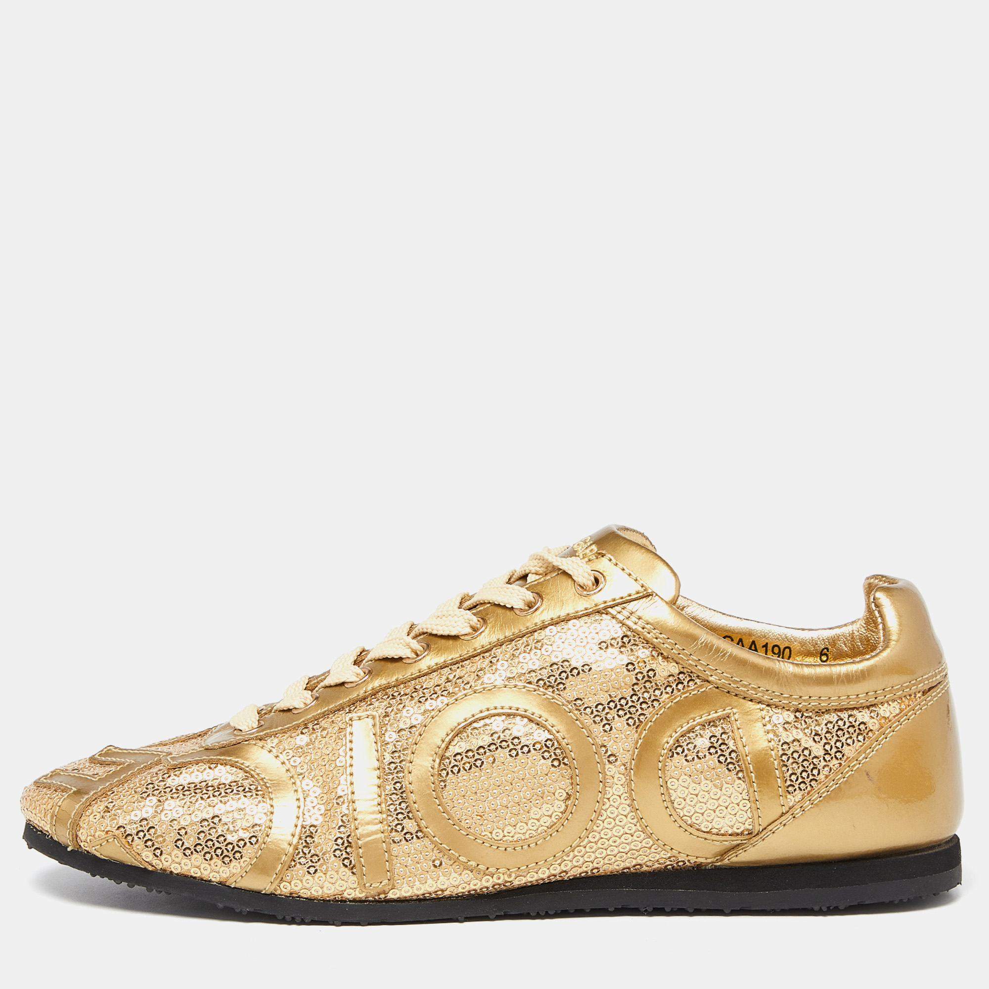 Dolce & Gabbana Gold Patent Leather And Sequin Embellished Low Top Sneakers Size 40