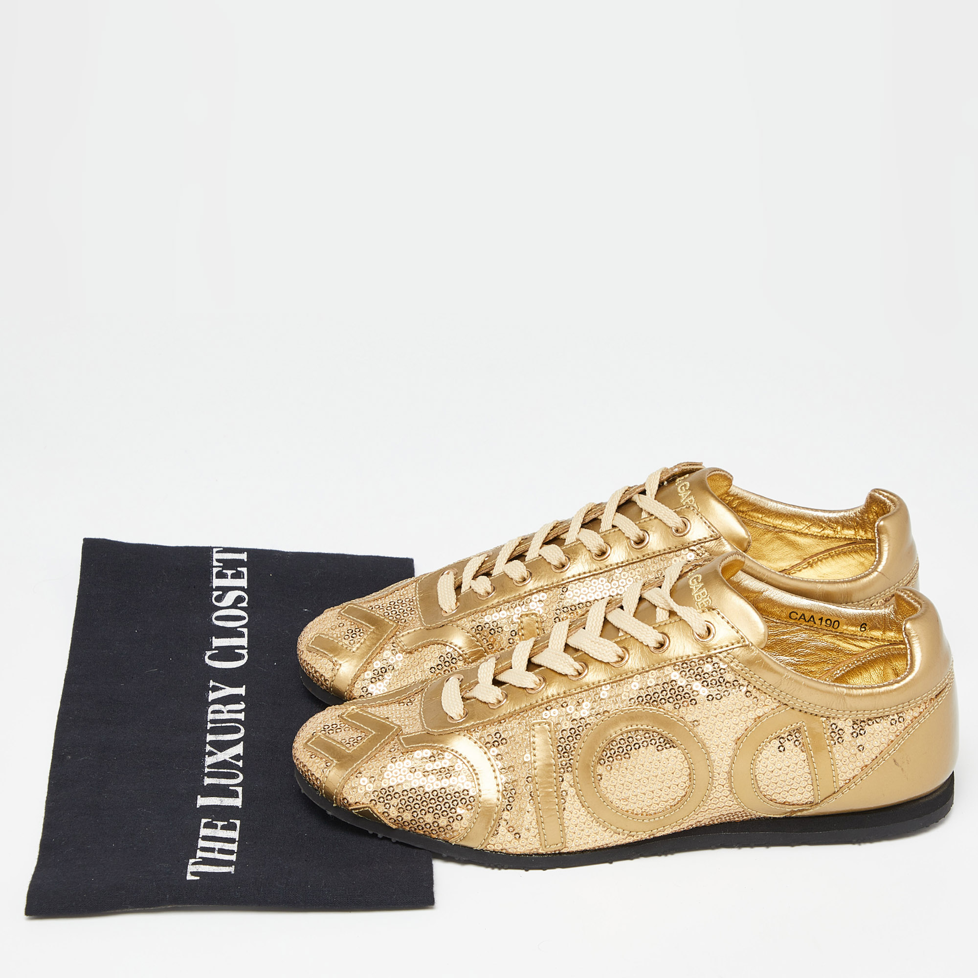 Dolce & Gabbana Gold Patent Leather And Sequin Embellished Low Top Sneakers Size 40