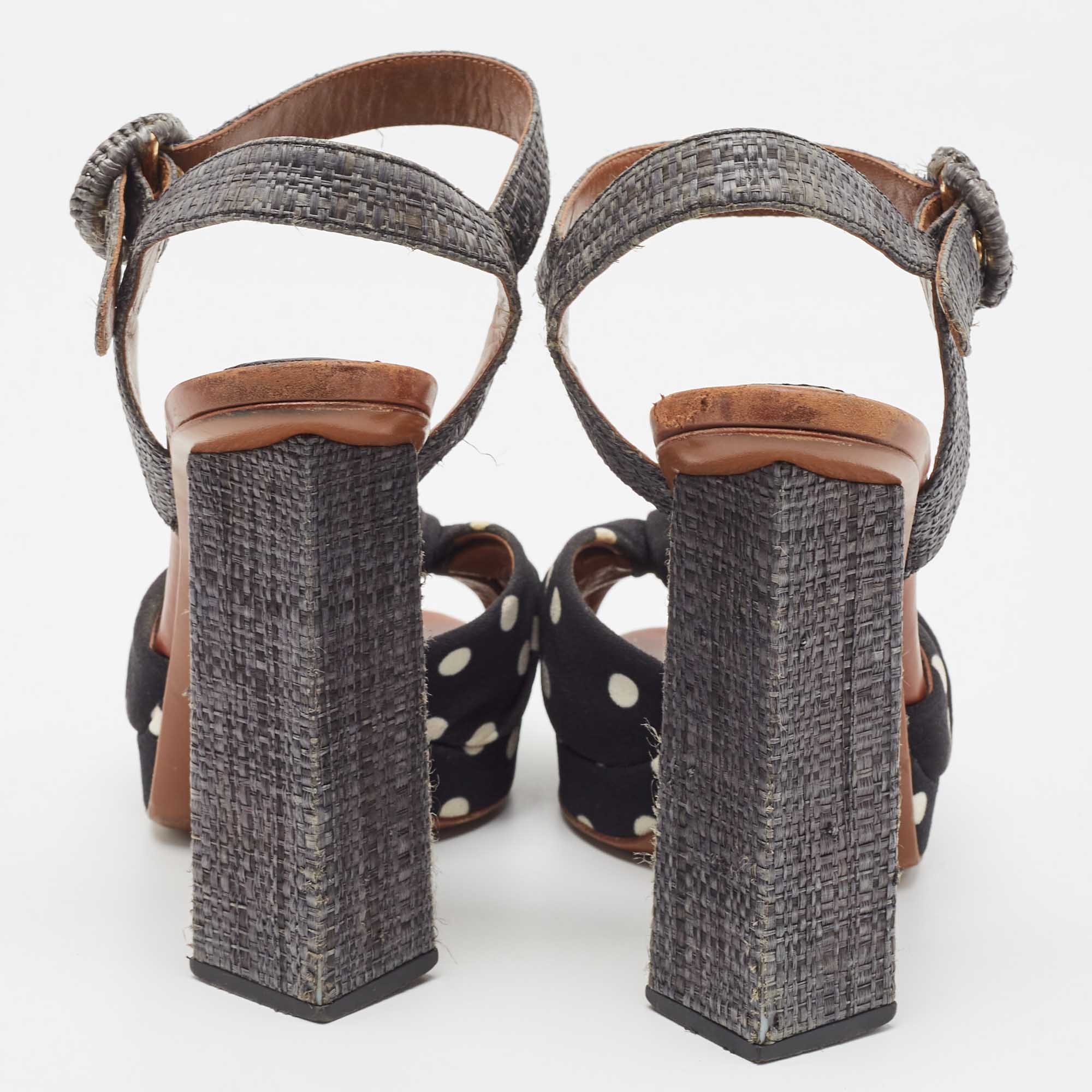 Dolce & Gabbana Black/White Raffia And Canvas Platform  Ankle Strap Sandals Size 37