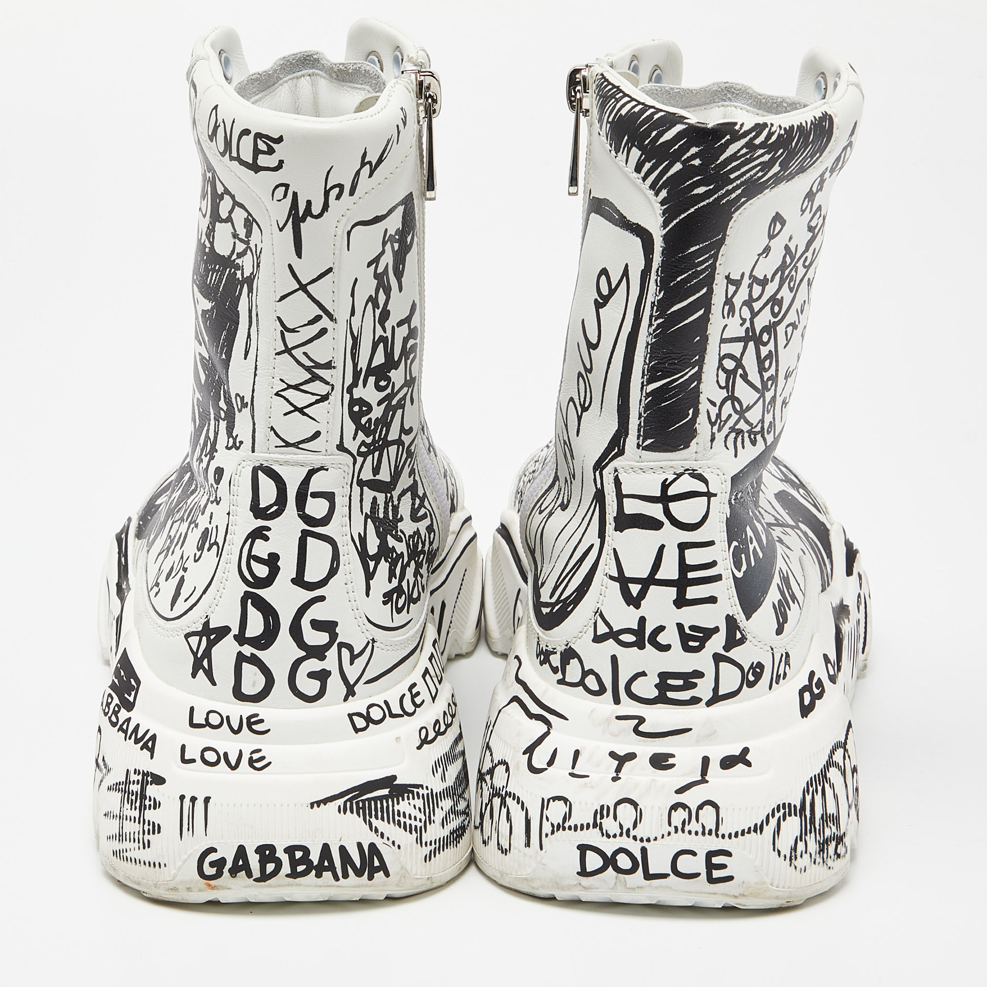 Dolce & Gabbana White/Black Graffiti Print Leather Daymaster Sneakers Size 39