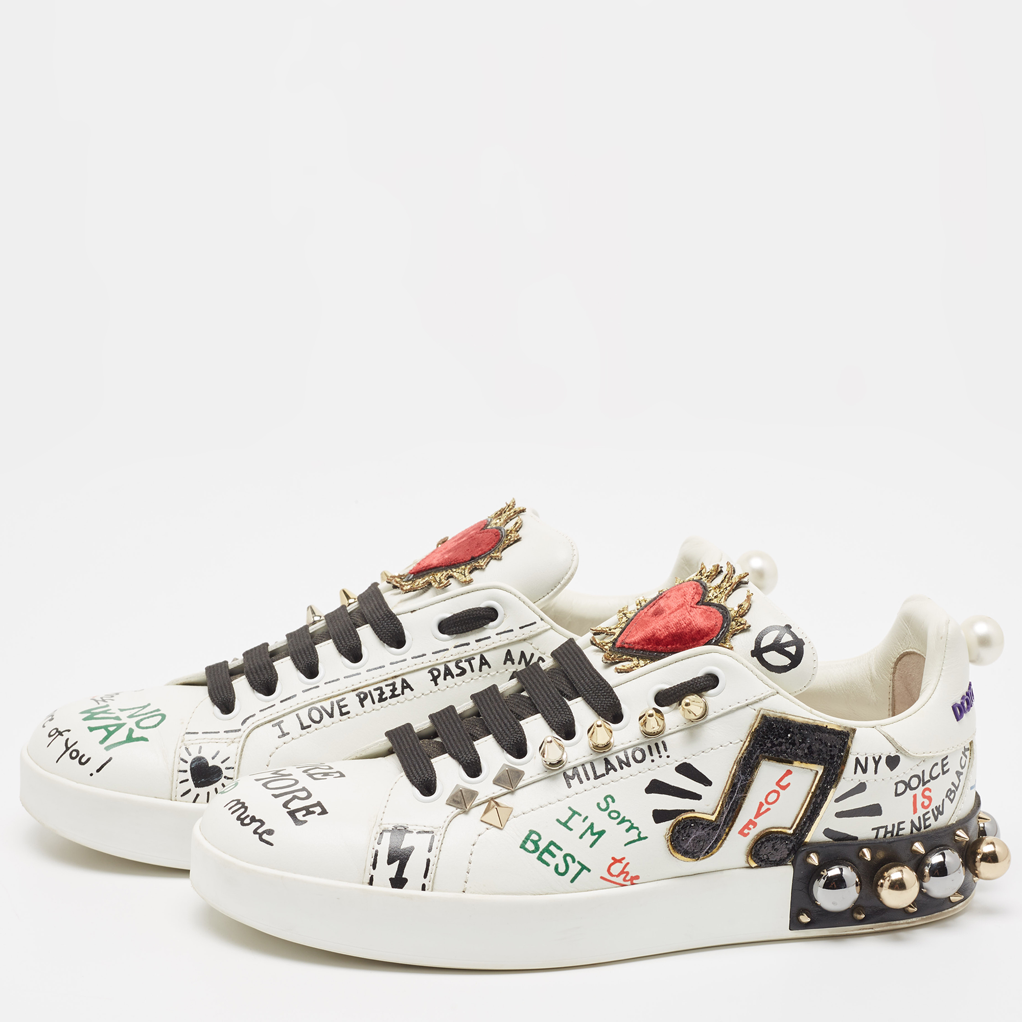 

Dolce & Gabbana White Leather Portofino Graffiti Heart Applique Low top Sneakers Size