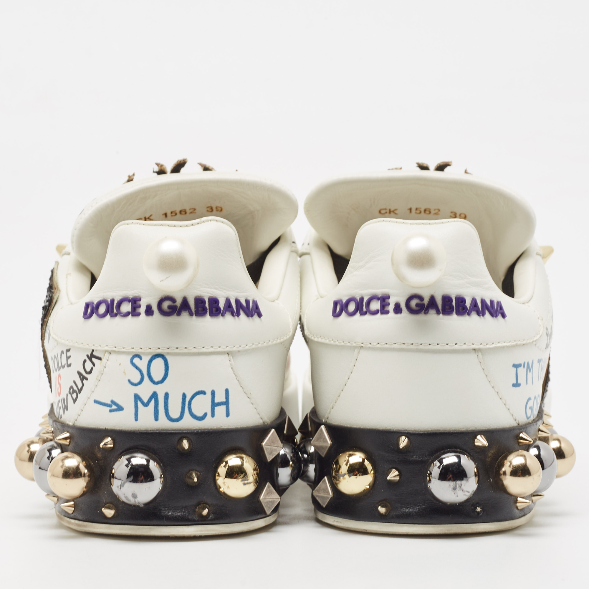 Dolce & Gabbana White Leather Portofino Graffiti Heart Applique Low Top Sneakers Size 39