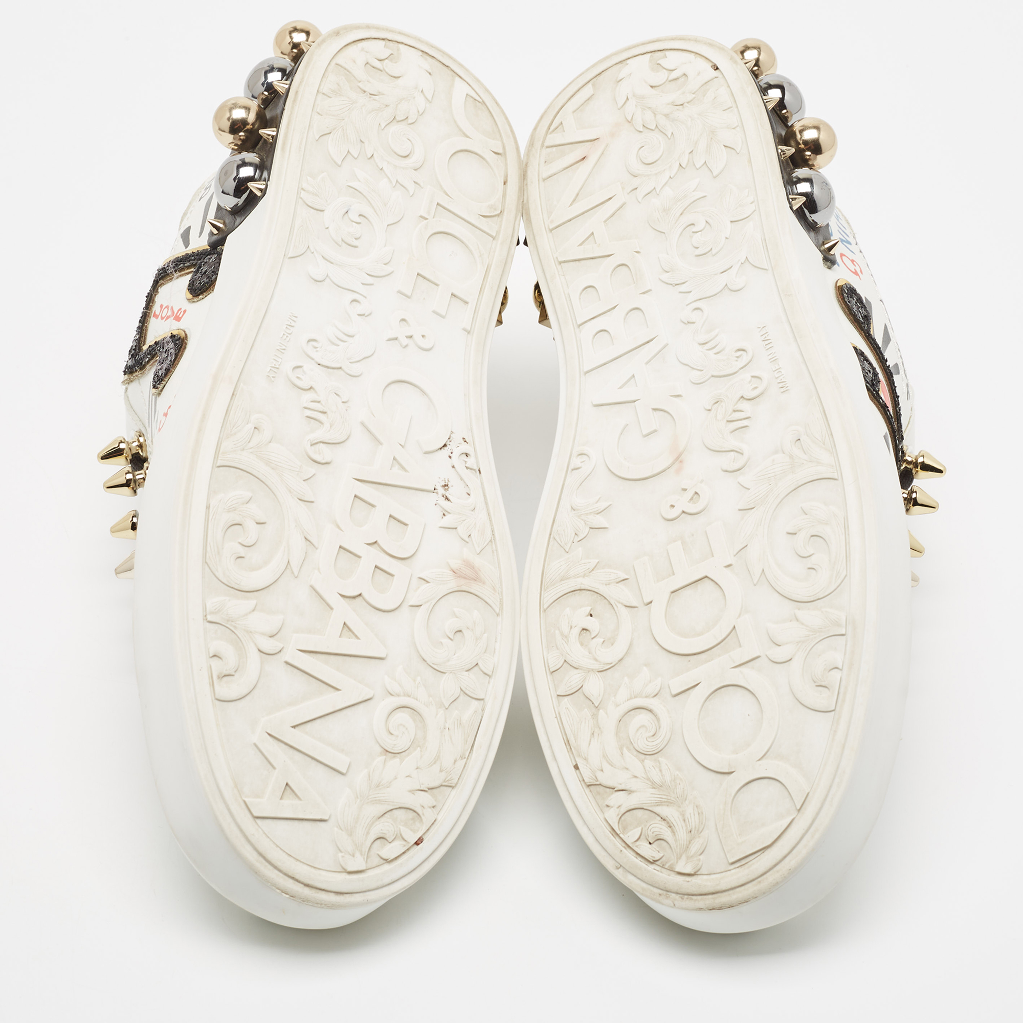 Dolce & Gabbana White Leather Portofino Graffiti Heart Applique Low Top Sneakers Size 39