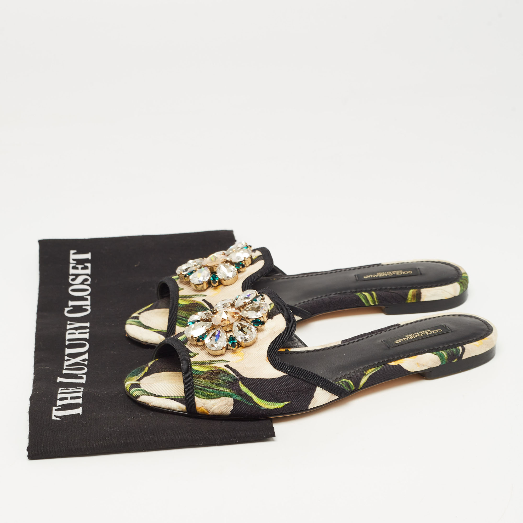 Dolce & Gabbana Tricolor Printed Canvas Crystal Embellished Flat Slides Size 37