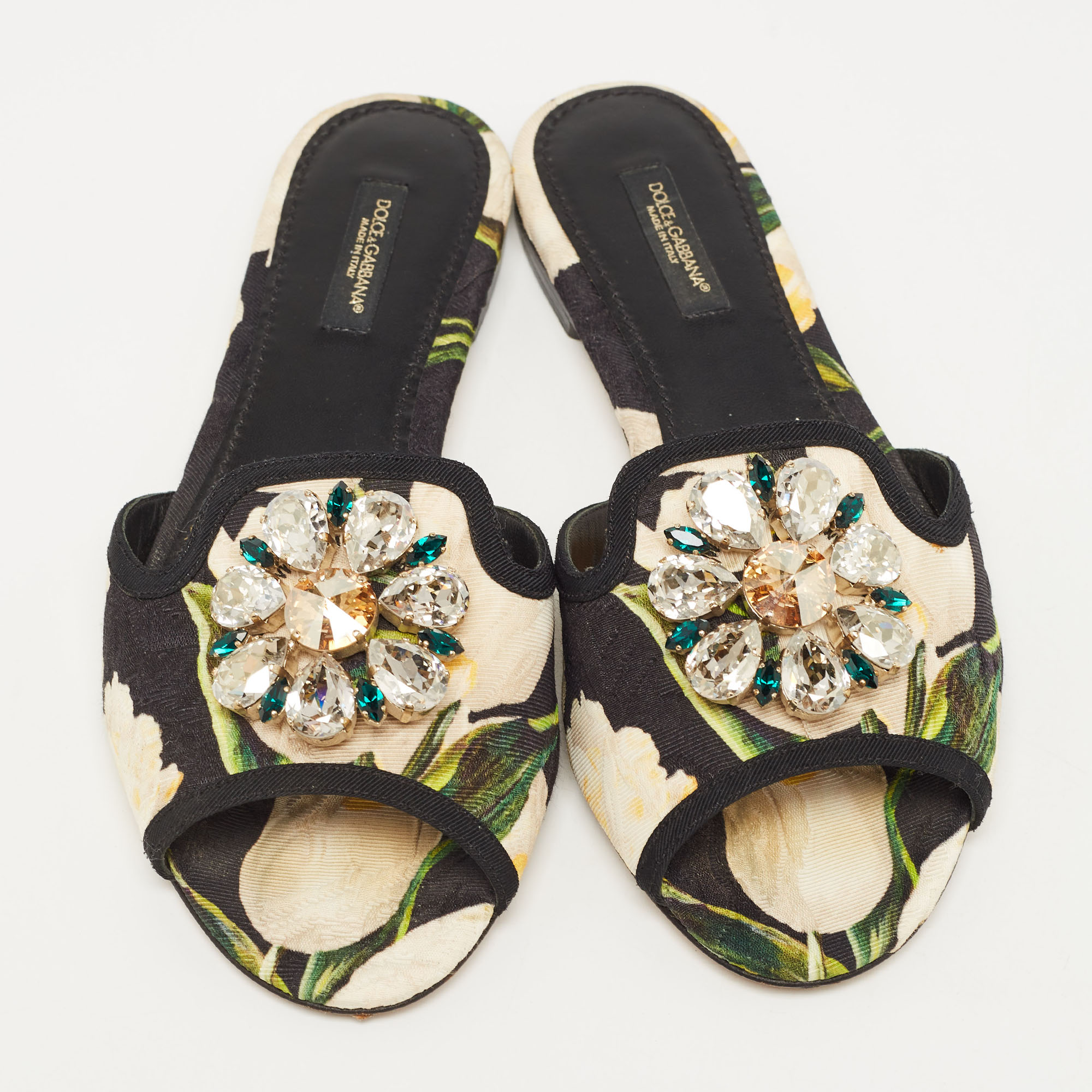 Dolce & Gabbana Tricolor Printed Canvas Crystal Embellished Flat Slides Size 37