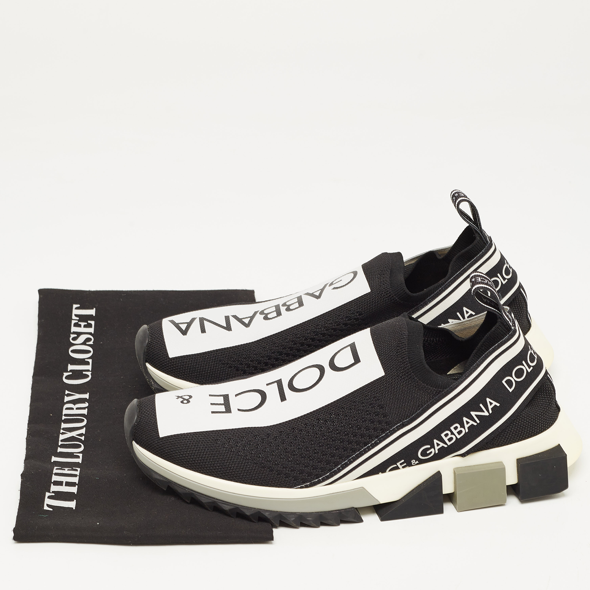 Dolce & Gabbana Black/White Logo Print Knit Fabric Sorrento Sneakers Size 39.5
