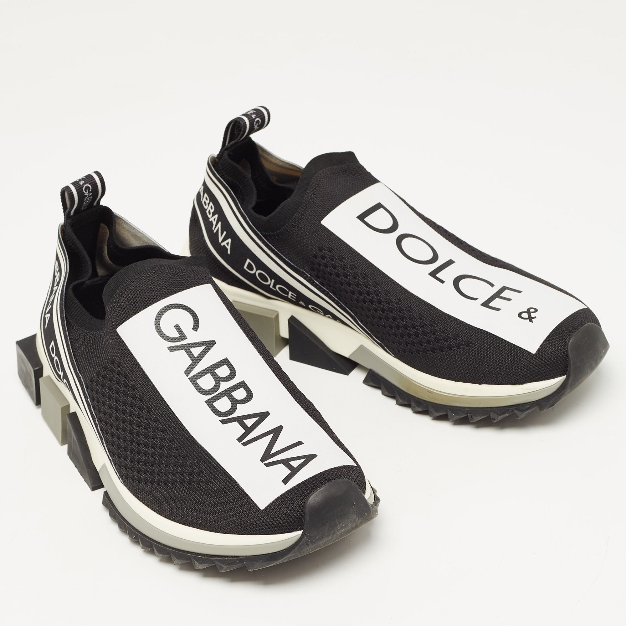 Dolce & Gabbana Black/White Logo Print Knit Fabric Sorrento Sneakers Size 39.5